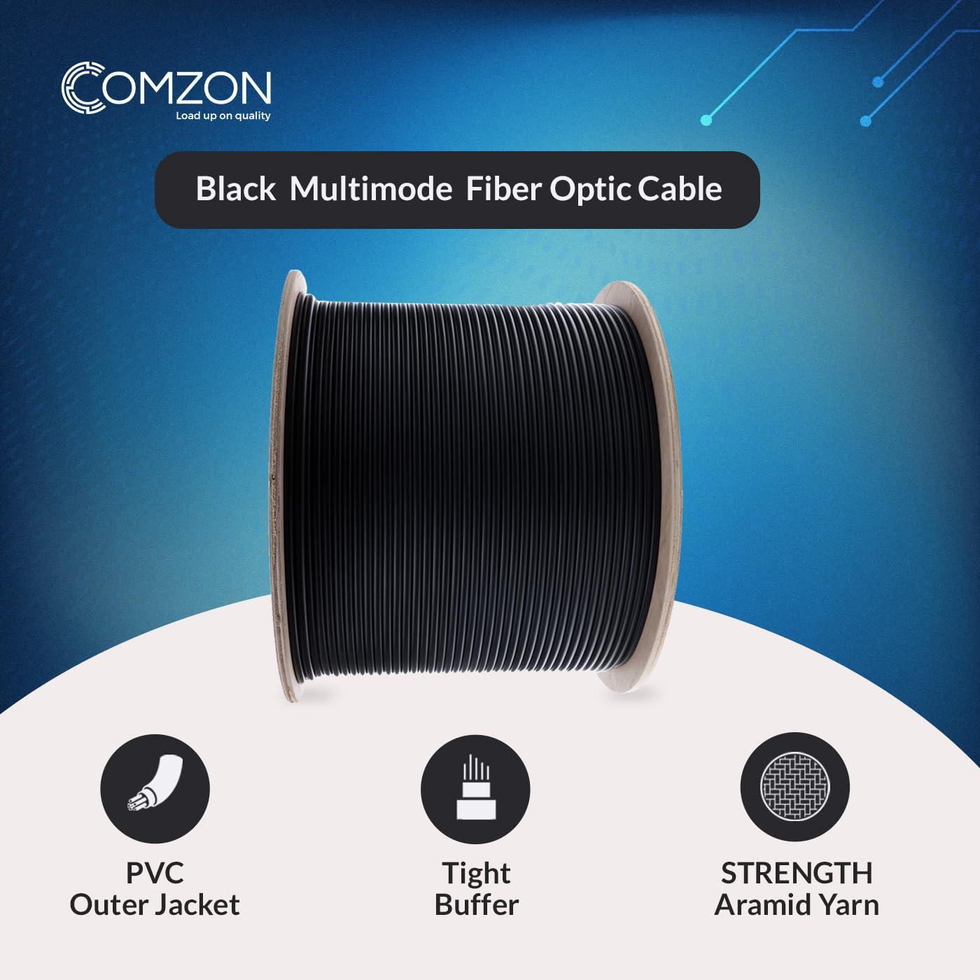 COMZON COMZON 2-Strand Fiber Indoor/Outdoor Fiber Optic Cable Multimode 50/125 OM3, 10Gbps, Riser Rated, Black, Spool, Water-Blocking, PVC Jacket, UL-Listed, Corning Quality, 2000ft