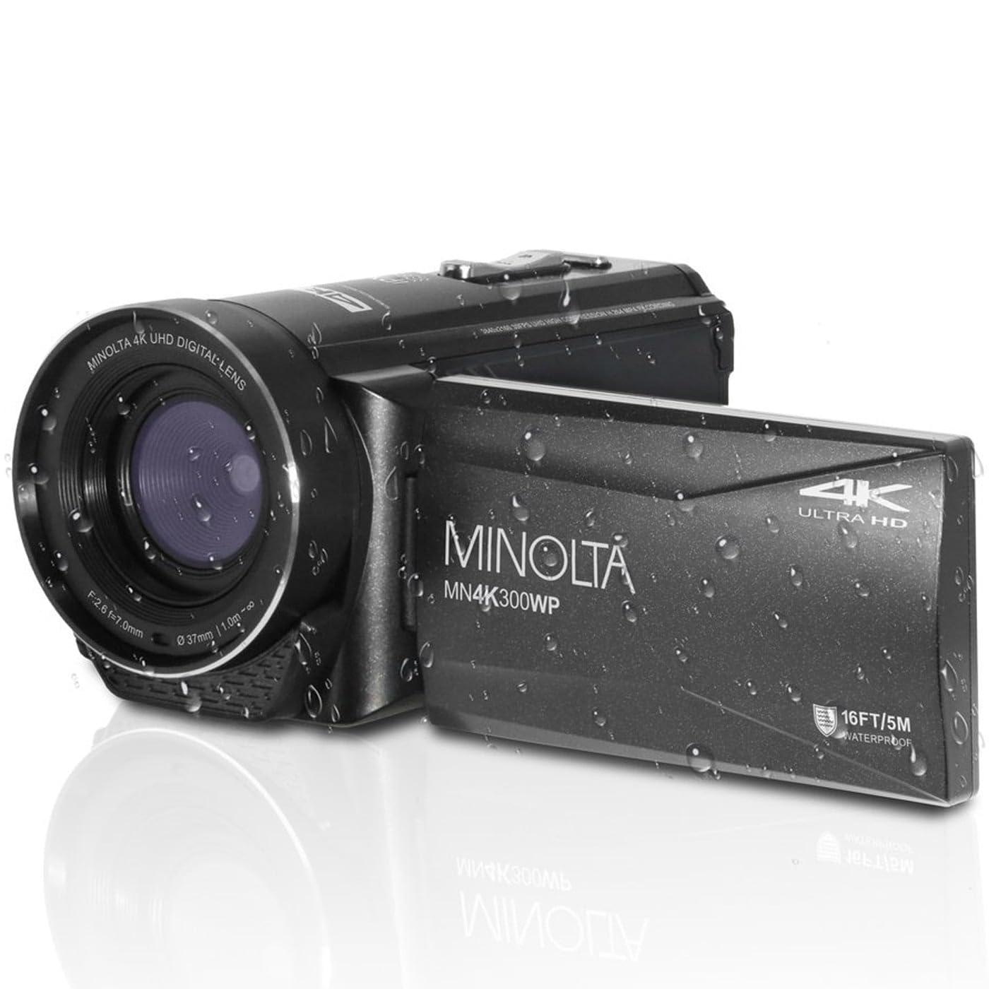 Minolta Minolta Waterproof Camcorder 4K Ultra HD Video, 56MP Photos, 18X Zoom, 3-inch LCD Screen, Time Lapse, Loop Recording, Photo Burst, Anti-Shake, Webcam Mode, HDMI/USB (Black)