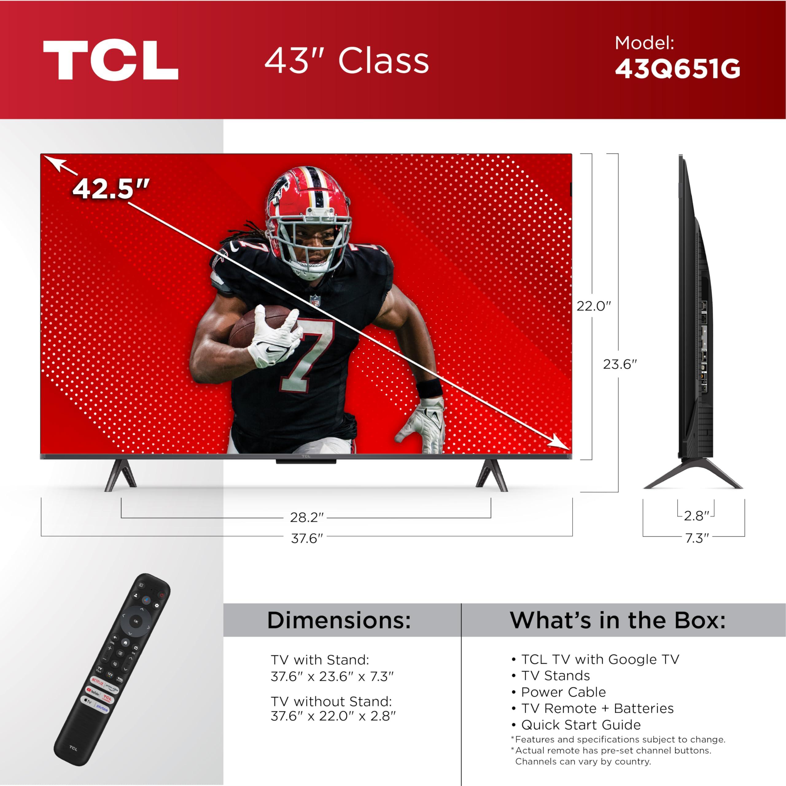 TCL TCL 43-Inch Q65 QLED 4K UHD Smart TV with Google TV (43Q651G, 2024 Model) Dolby Vision, Dolby Atmos, HDR Pro+, Game Accelerator Enhanced Gaming, Voice Remote, Works with Alexa, Streaming Television