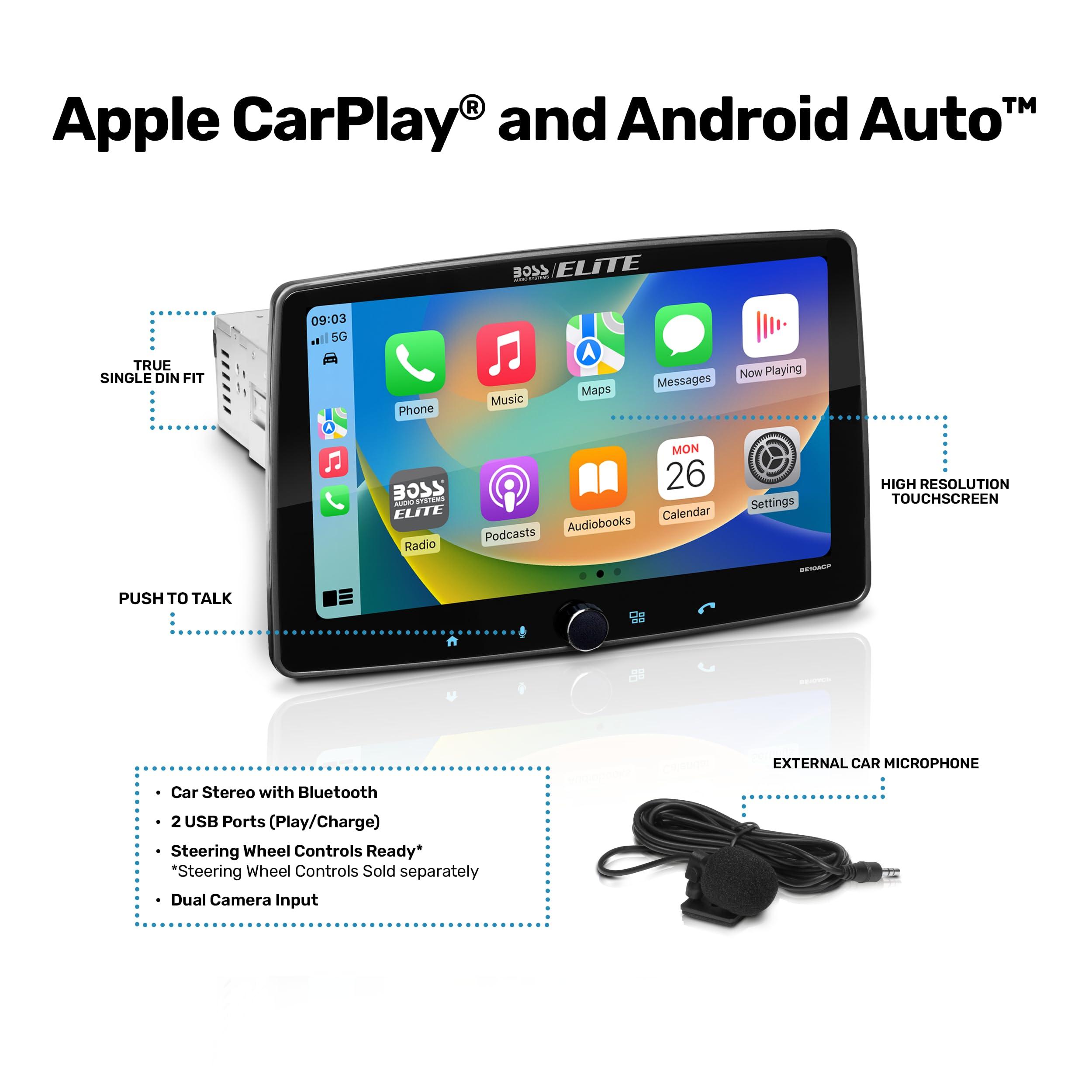 BOSS Audio Systems BOSS Audio Systems Elite BE10ACP Car Stereo - Detachable 10.1\" Touch Screen Car Stereo Apple CarPlay & Android Auto Head Unit, Single DIN with Double DIN Brackets, Bluetooth, No CD/DVD Player