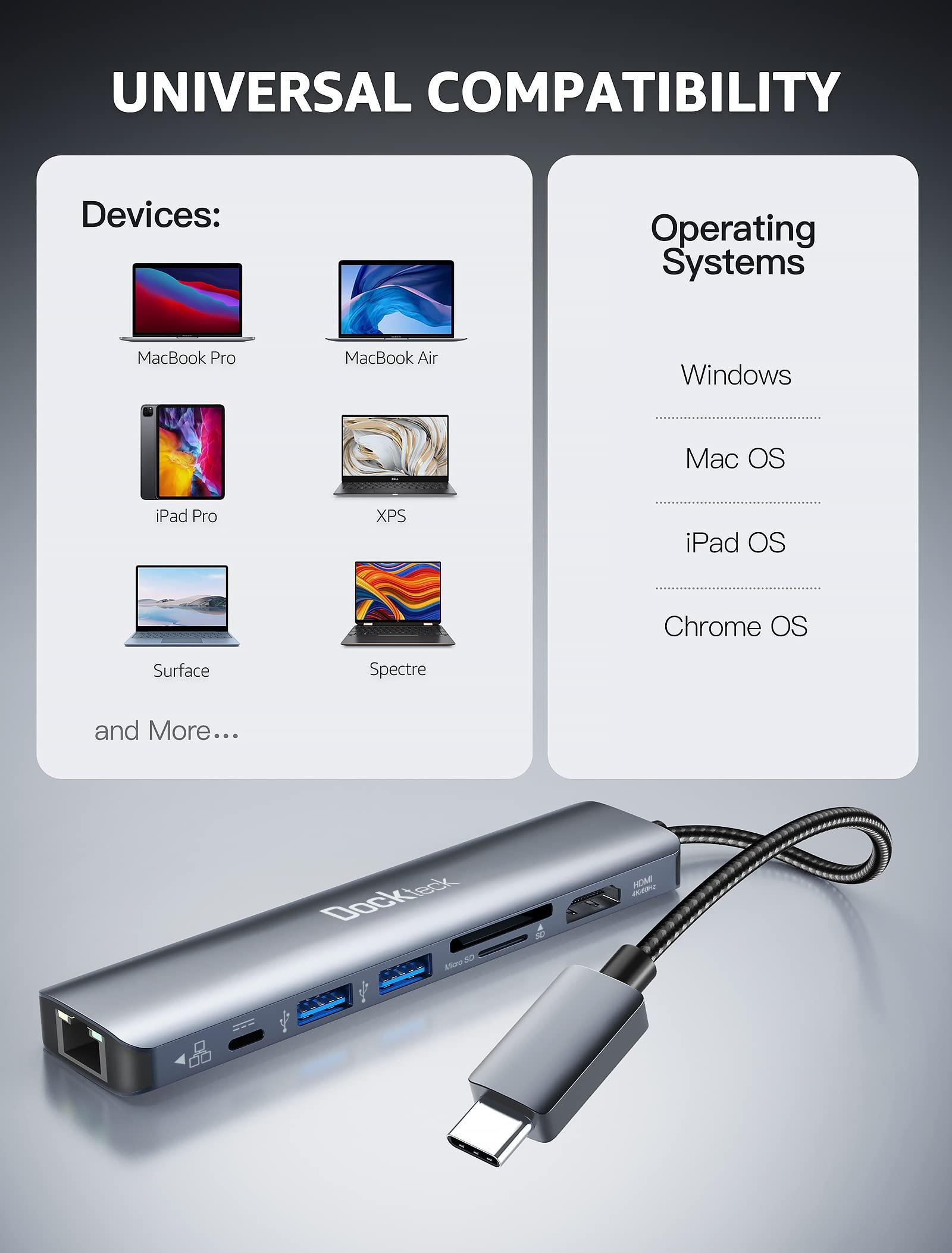 dockteck dockteck 7-in-1 USB C Hub with 4K 60Hz HDMI, 1Gbps Ethernet, 100W Power Delivery, SD/TF Card Slots, USB 3.0 Data Ports for MacBook, iPad Pro, XPS