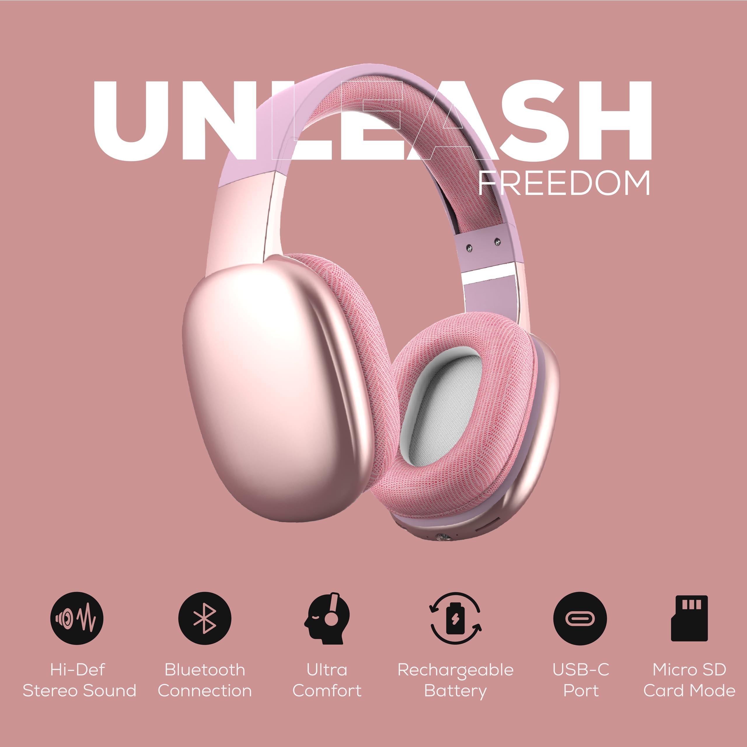 Gabba Goods Gabba Goods Wireless Over Ear Bluetooth Headphones with Microphone - Wireless Headset -Noise Reduction - Bluetooth, Wired,Built in Micro SD for Travel, Home, Work TV,PC,Gaming,Cellphone (Pink)