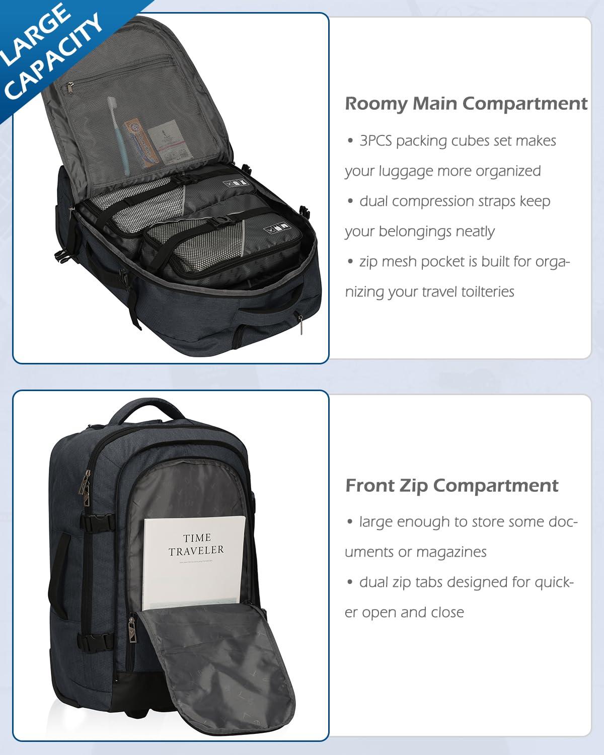 Hynes Eagle Hynes Eagle 2 in 1 Travel Backpack 22 inches Carry on Luggage 63L Rolling Backpack for Men Women with Packing Cubes 3PCS Set Grey Waist Pack Black