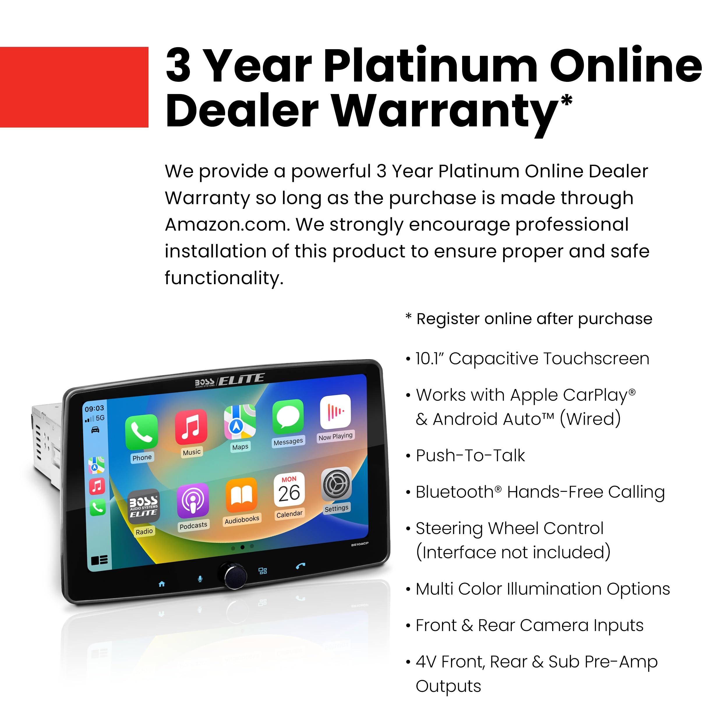 BOSS Audio Systems BOSS Audio Systems Elite BE10ACP Car Stereo - Detachable 10.1\" Touch Screen Car Stereo Apple CarPlay & Android Auto Head Unit, Single DIN with Double DIN Brackets, Bluetooth, No CD/DVD Player