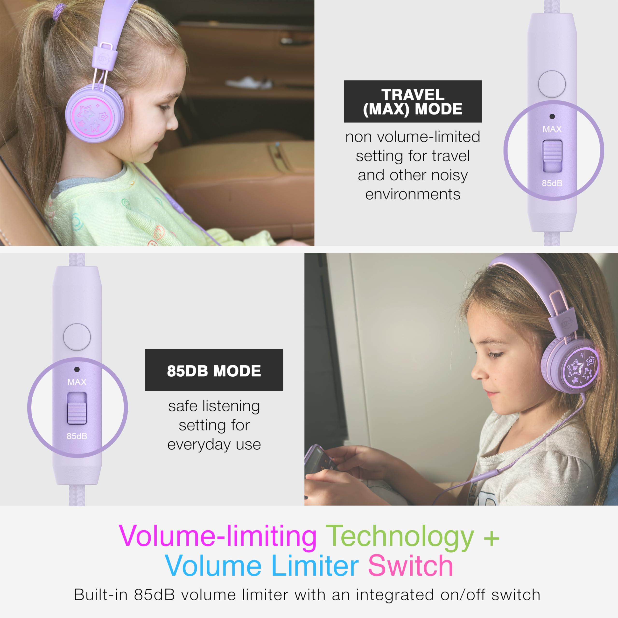 MEE audio MEE audio KidJamz KJ55 Personalized USB-C Safe Listening Wired Headphones for Kids with Custom LED-Backlit Design, Volume Limiter, & Microphone for iPhone 15, iPad, & USB Type C Devices (Lavender)