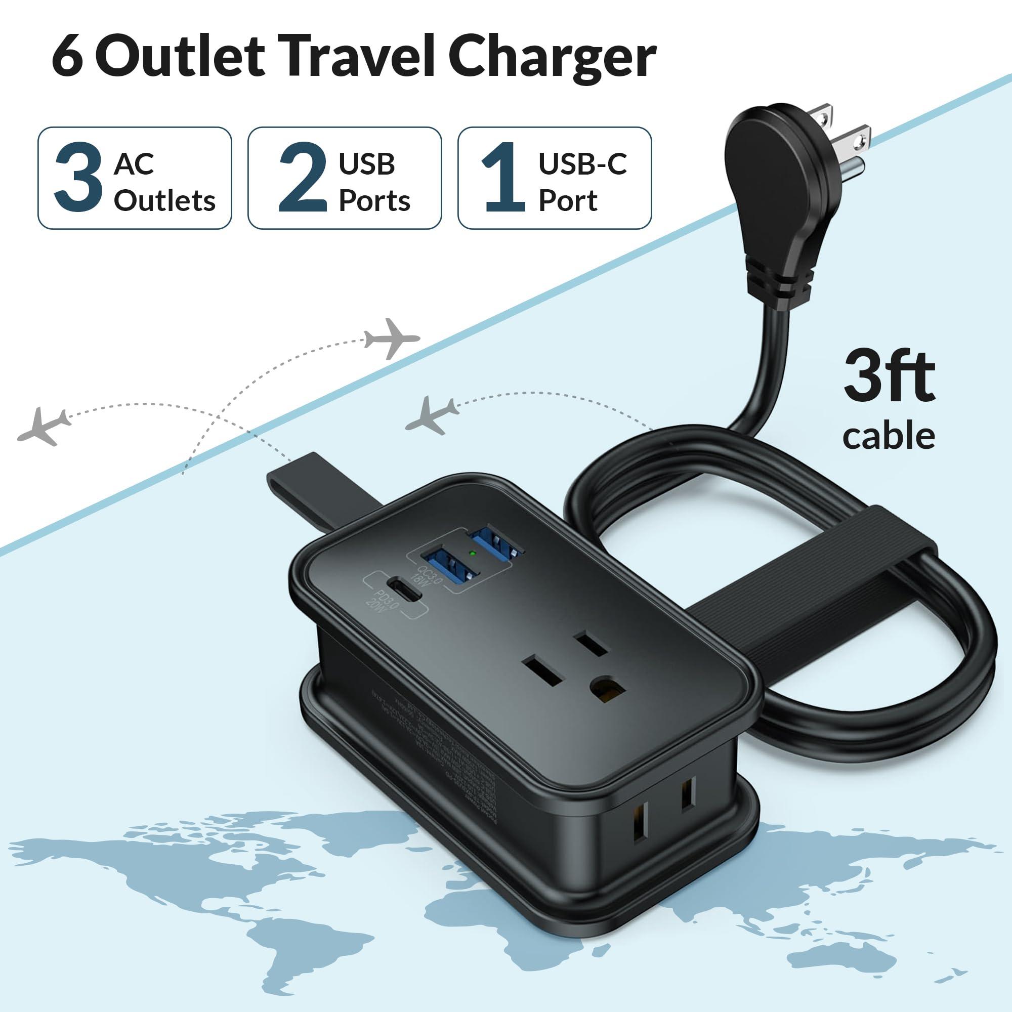 Uncaged Ergonomics Travel Charger for Multiple Devices, Flat Plug Power Strip 3ft Adapter Extension Cord, 3 AC Outlets, 2 USB & 1 Fast Charging USB-C, No Surge Cruise Approved, Portable Power Strip