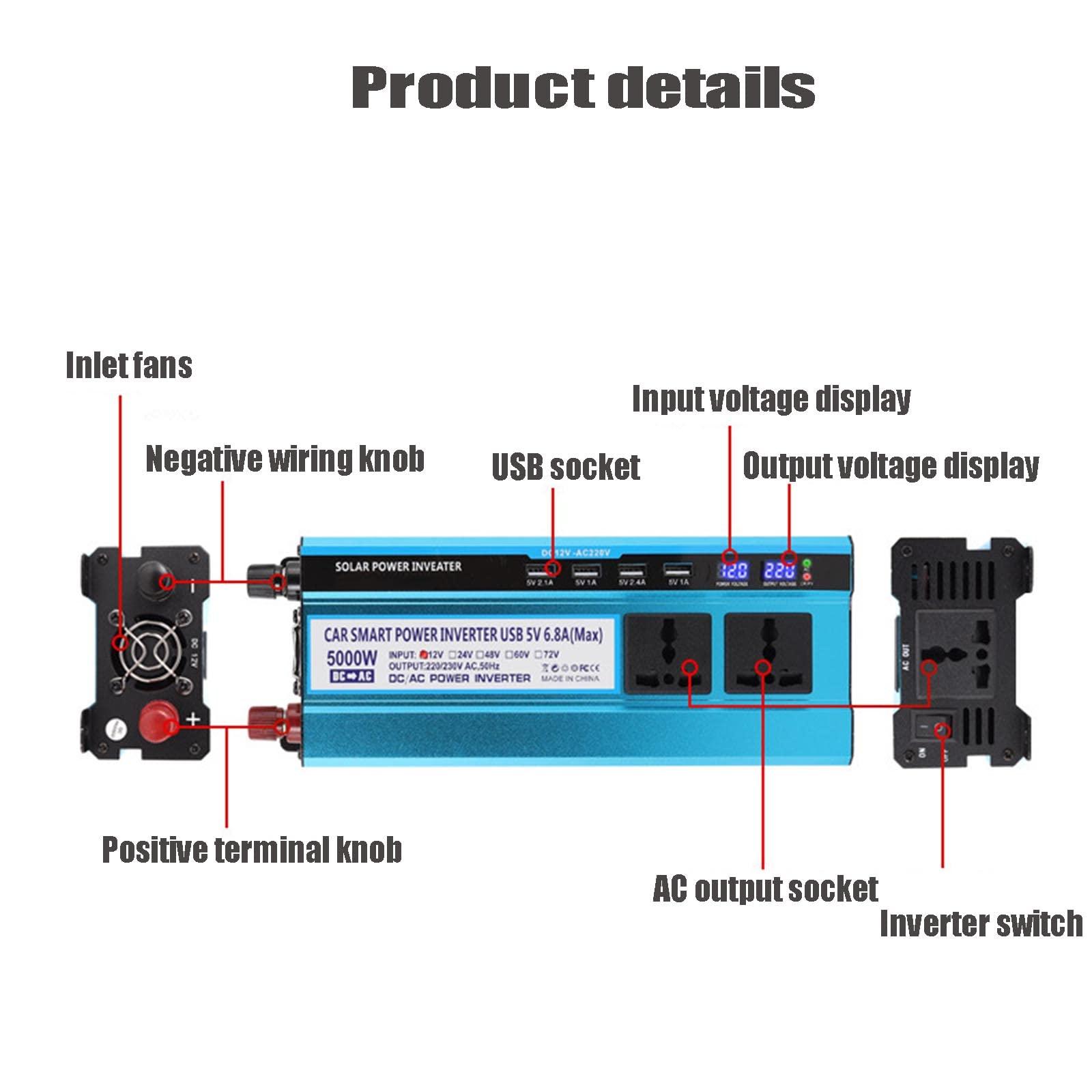 HYDTGZ 3000W Power Inverter DC 12V/24V/48V/60V to 220V /110V Inverter Converter 3 AC Universal Sockets 4 USB, LED Display,12v 220v
