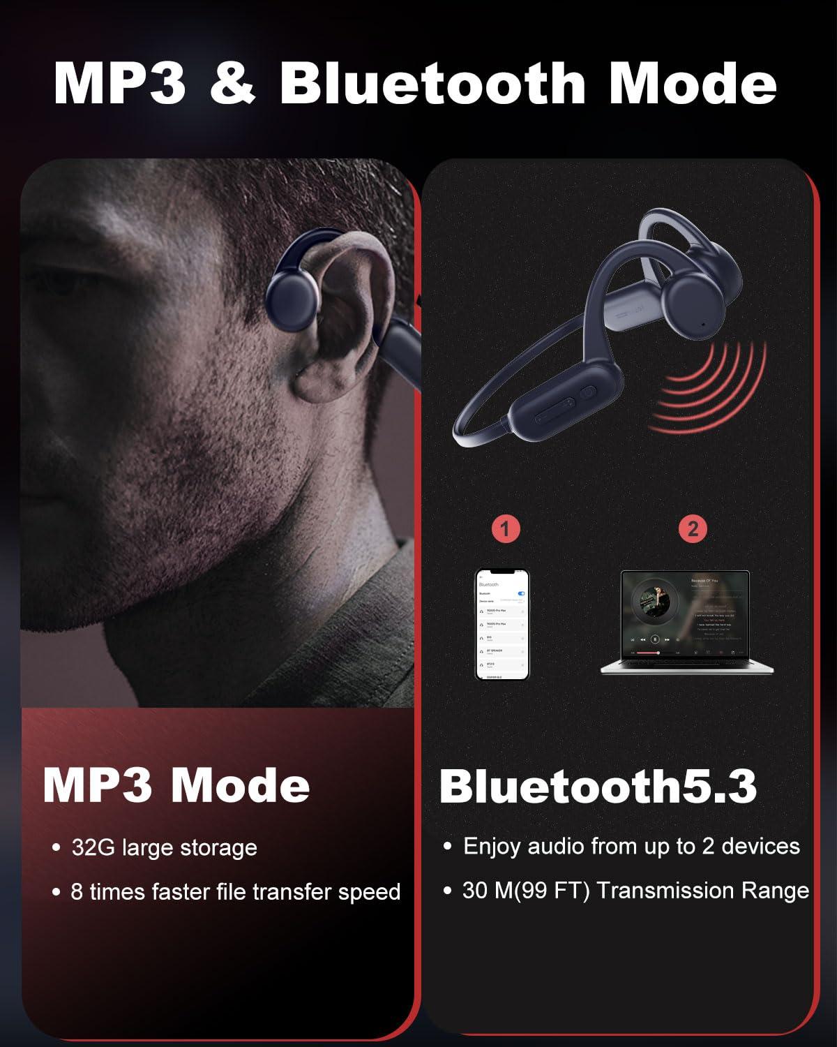 FEICO FEICO Bone Conduction Headphones with Built-in MP3 Player - 32GB Memory, Sport Headphone, IP68 Waterproof, Bluetooth 5.3 with Mic, Open Ear Wireless Headphones for Swimming, Cycling, Driving, Running