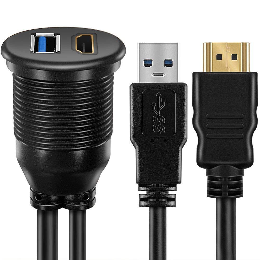 OBVIS OBVIS USB3.0 HDMI Mount Cable USB3.0 and HDMI Extension Flush, Dash, Panel Mount Cable, for Car, Boat, Motorcycle (3 Feet)
