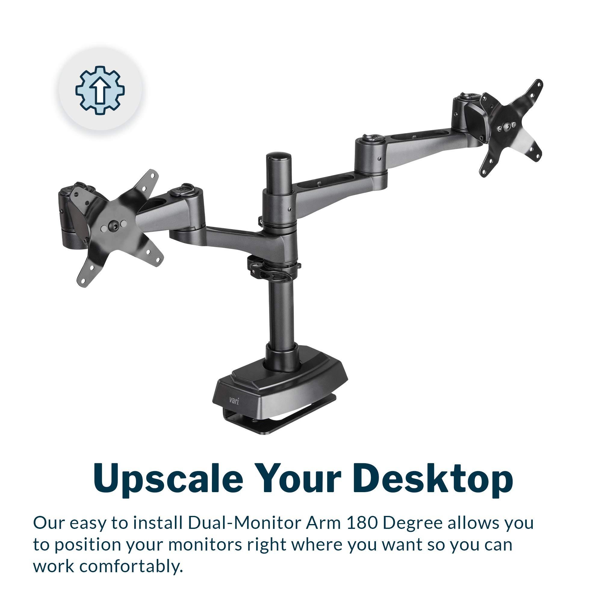 Vari Vari Dual Monitor Arm 180 Degree - VESA Compatible Mount w/ 180 Degree Adjustment - Monitors up to 27 inches, 19.8 lbs - Double Arms for Compact Spaces - Computer Monitor Stand for Home or Office