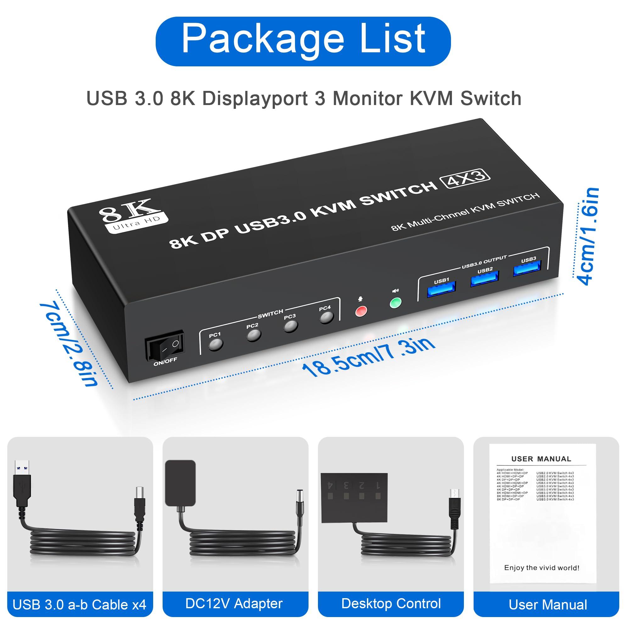 clickfish 8K@60Hz USB3.0 Displayport KVM Switch 3 Monitors 4 Computer, DP1.4 Triple Monitor KVM Switch with Audio Microphone Output and 3 USB3.0 Port, KVM Triple Monitor Keyboard Mouse Switcher for 4PC