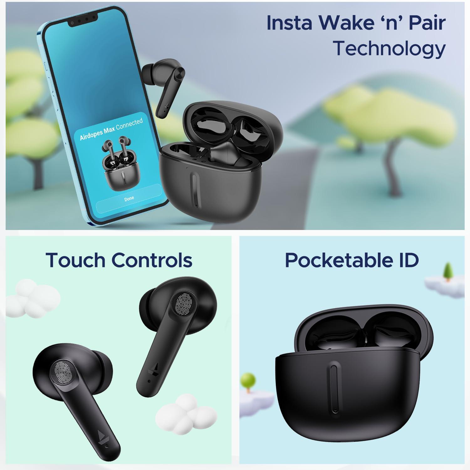 boAt boAt Airdopes Max TWS Earbuds with 100 HRS Playtime, Quad Mics with ENx Tech, Beast Mode(50ms Low Latency), ASAP Charge, Bluetooth v5.3 and IWP (Carbon Black)