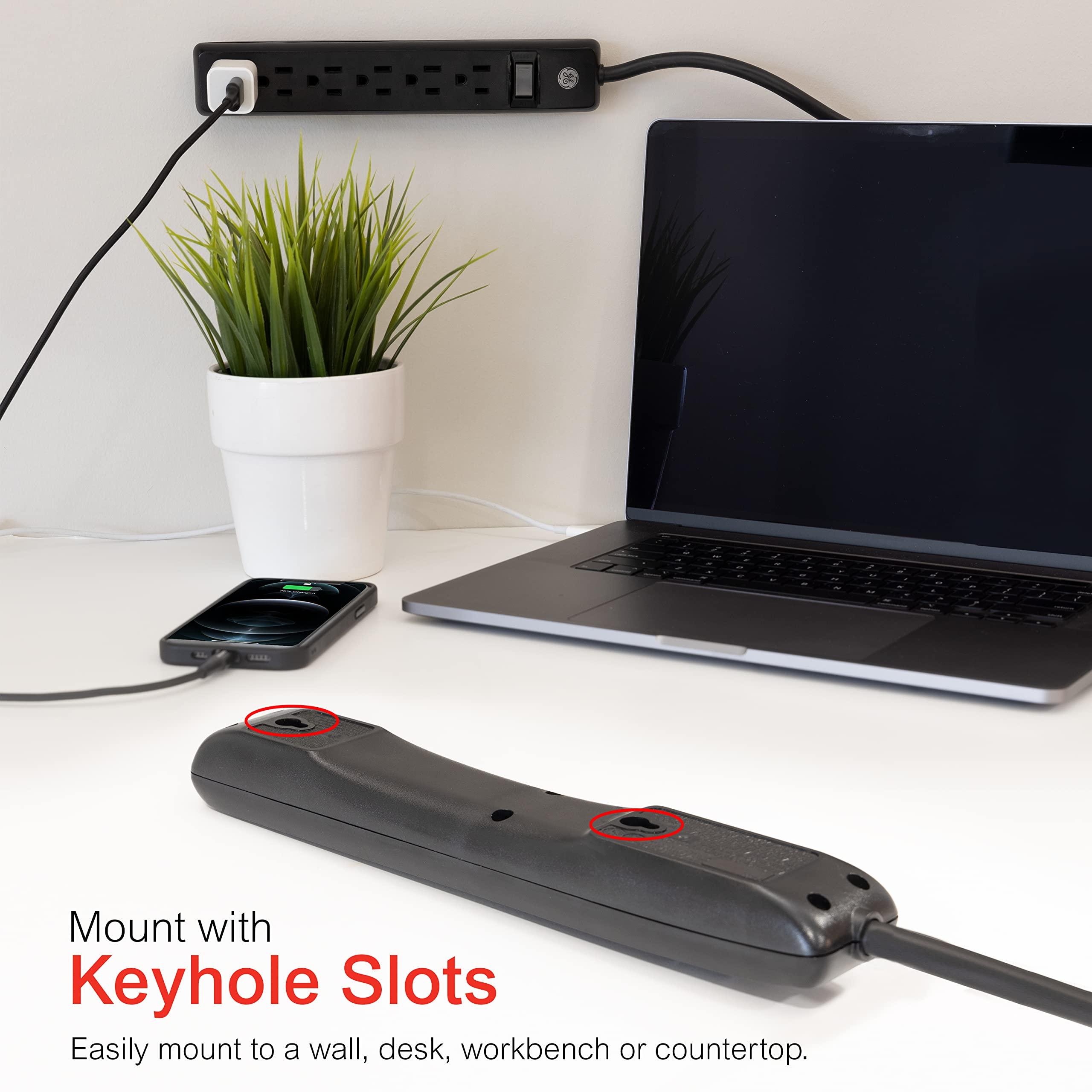 GE GE 6-Outlet Power Strip, 7 Ft Power Cord, Flat Plug, 3 Prong Outlet, UL Listed, Black