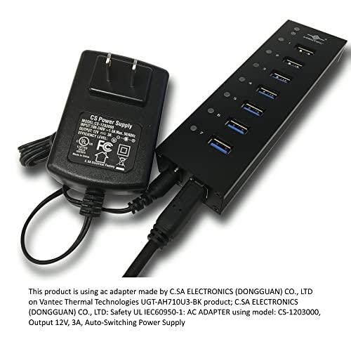 Vantec Vantec 7-Port USB 3.0 Hub, Aluminum, Full Powered, Mountable, with All Ports Data & Charging Up to 1.5A, BC 1.2, Premium 12V/3A, 36W Power Adapter (UGT-AH710U3-BK),Black