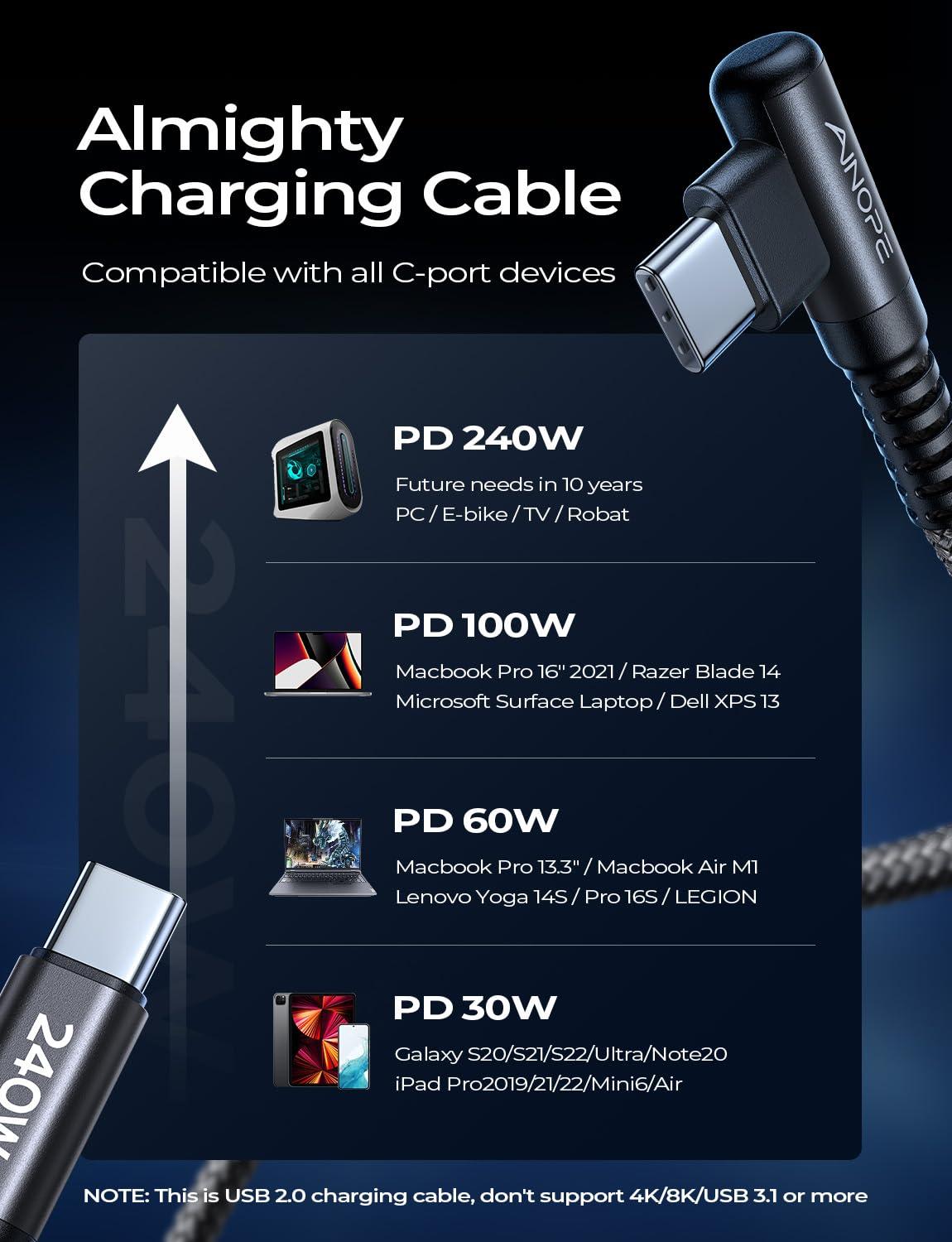 AINOPE AINOPE 240W USB C to USB C Cable (6.6ft 2Pack Chubby Cable USB C) USB C to USB C Fast Charging Cable, Right Angle USB C Charger Cable for iPhone16 Charger Cord, MacBook Pro, iPad Pro/Air,Samsung,Black