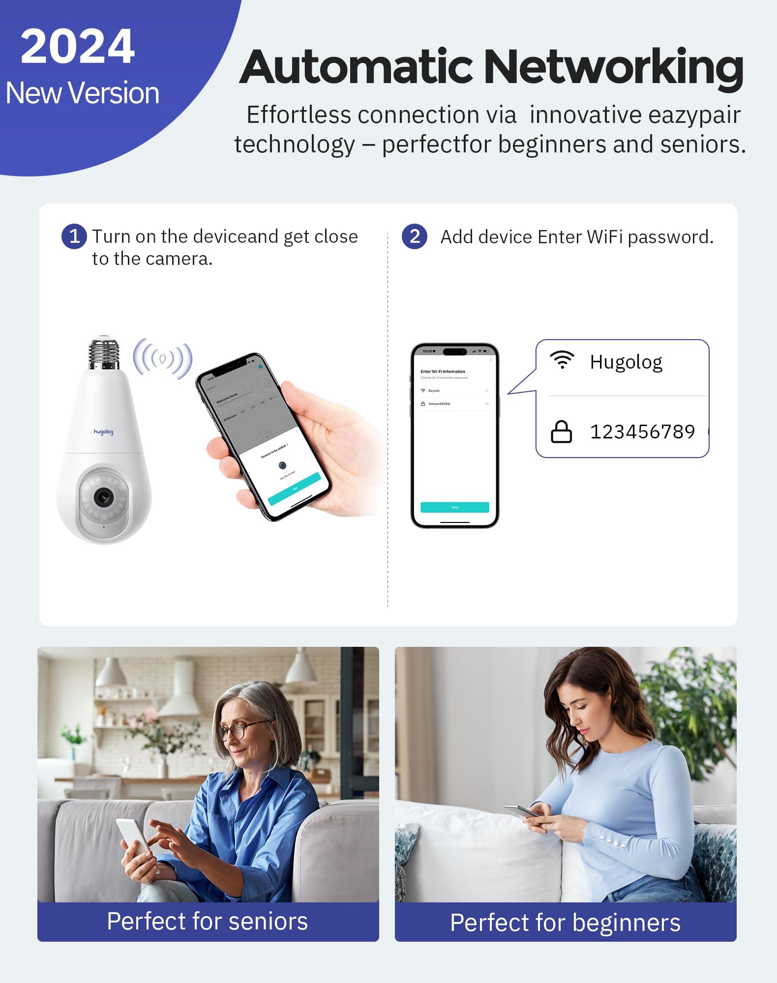 Hugolog Hugolog 2K Light Bulb Security Cameras Wireless Outdoor-2.4GHz Cameras for Home Security Indoor with AI Motion Detection,Clear Color Night Vision,360Auto Tracking,Siren Alarm,24/7 Recording