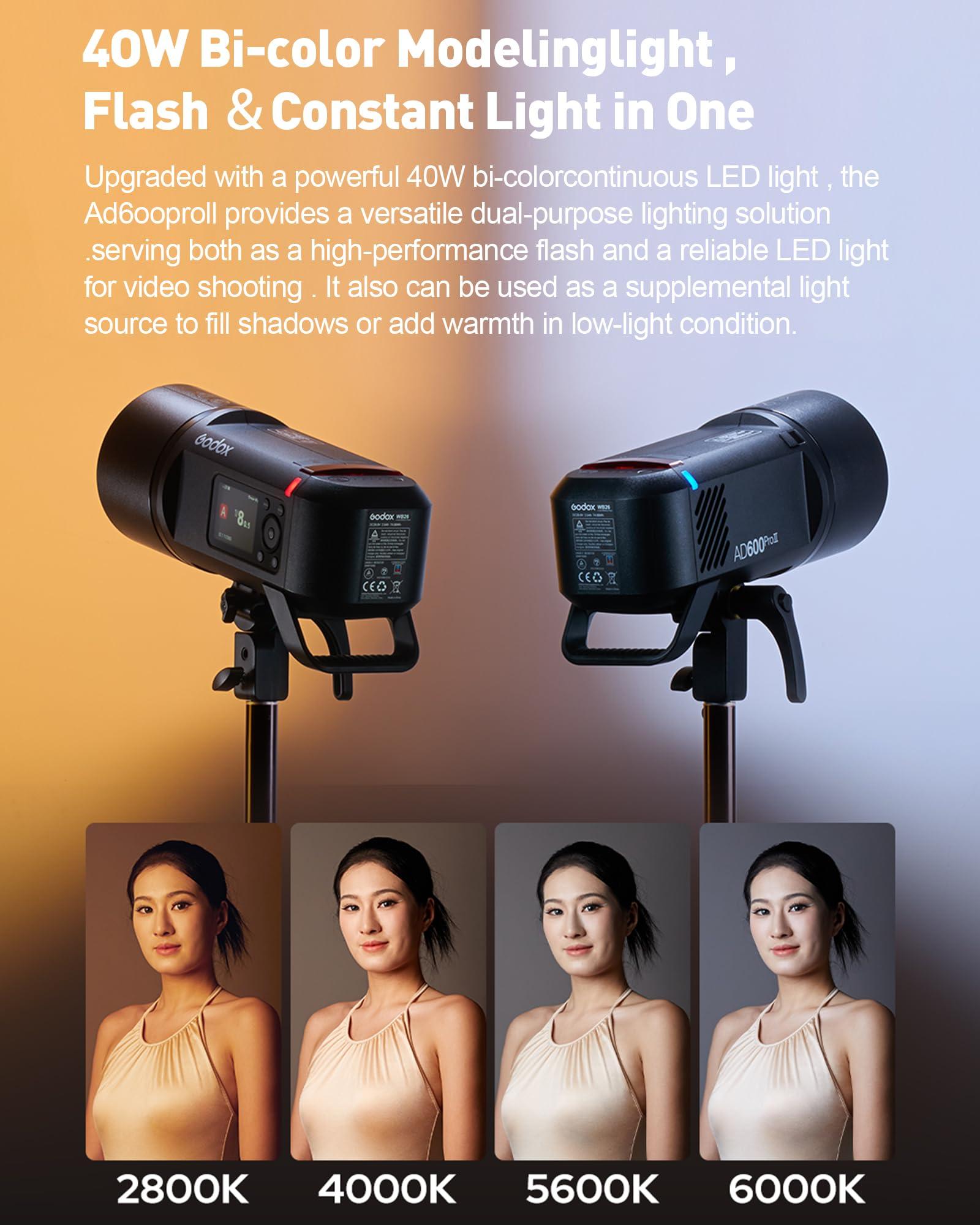 GODOX Godox AD600 Pro II Strobe Light Photography,AD600Pro 600Ws Outdoor Studio Flash Monolight,TTL 2.4G Wireless System,40W Bi-Color LED Modeling Light Compatible with Canon Nikon Sony Olympus FUJIFILM