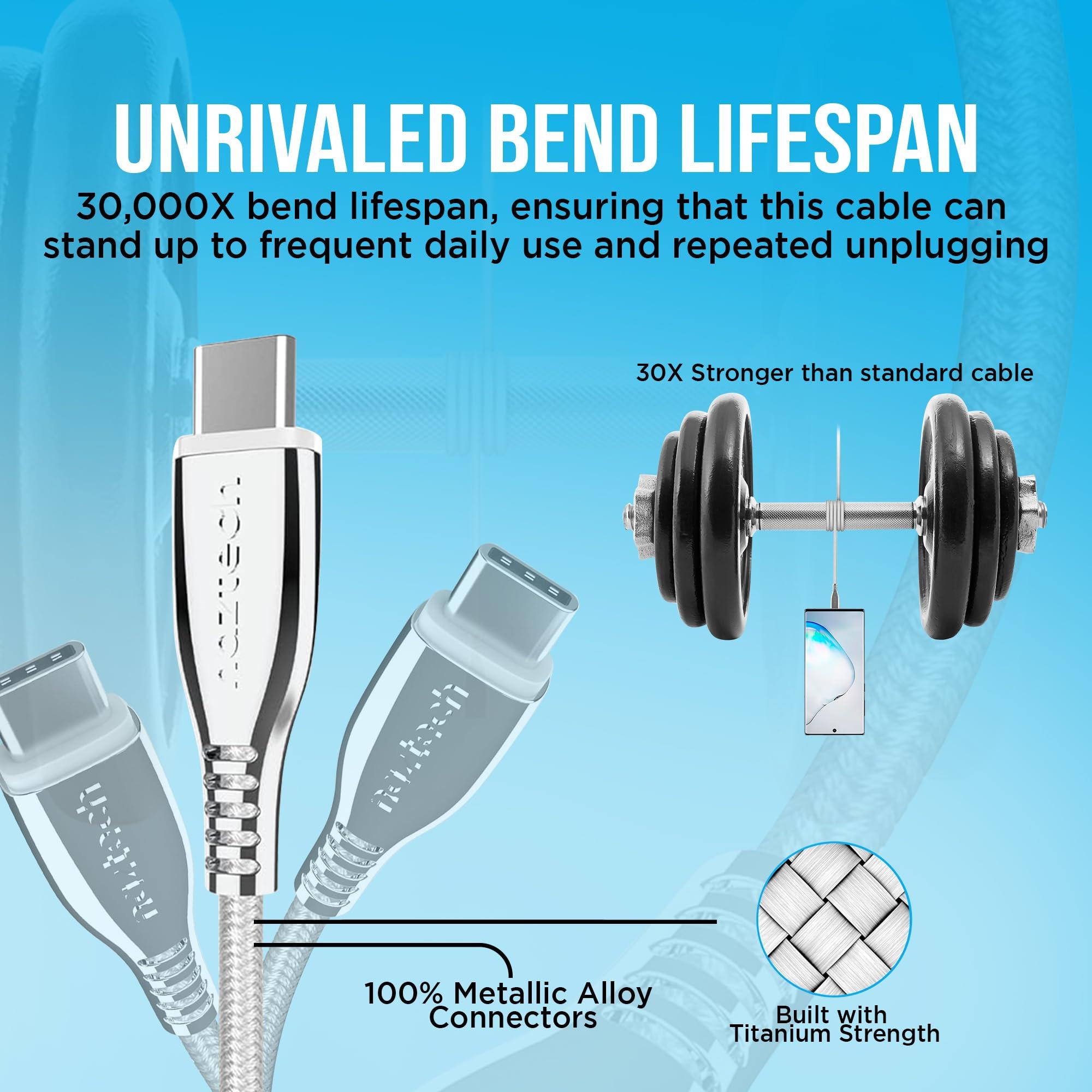 Naztech Naztech Titanium 6ft USB-C to USB-C Charger Cord - Durable, Braided Fast Charging Cable w/High-Speed Data Transfer & 60 W Power Delivery, Compatible with iPhone, Android, Tablets, & More - White