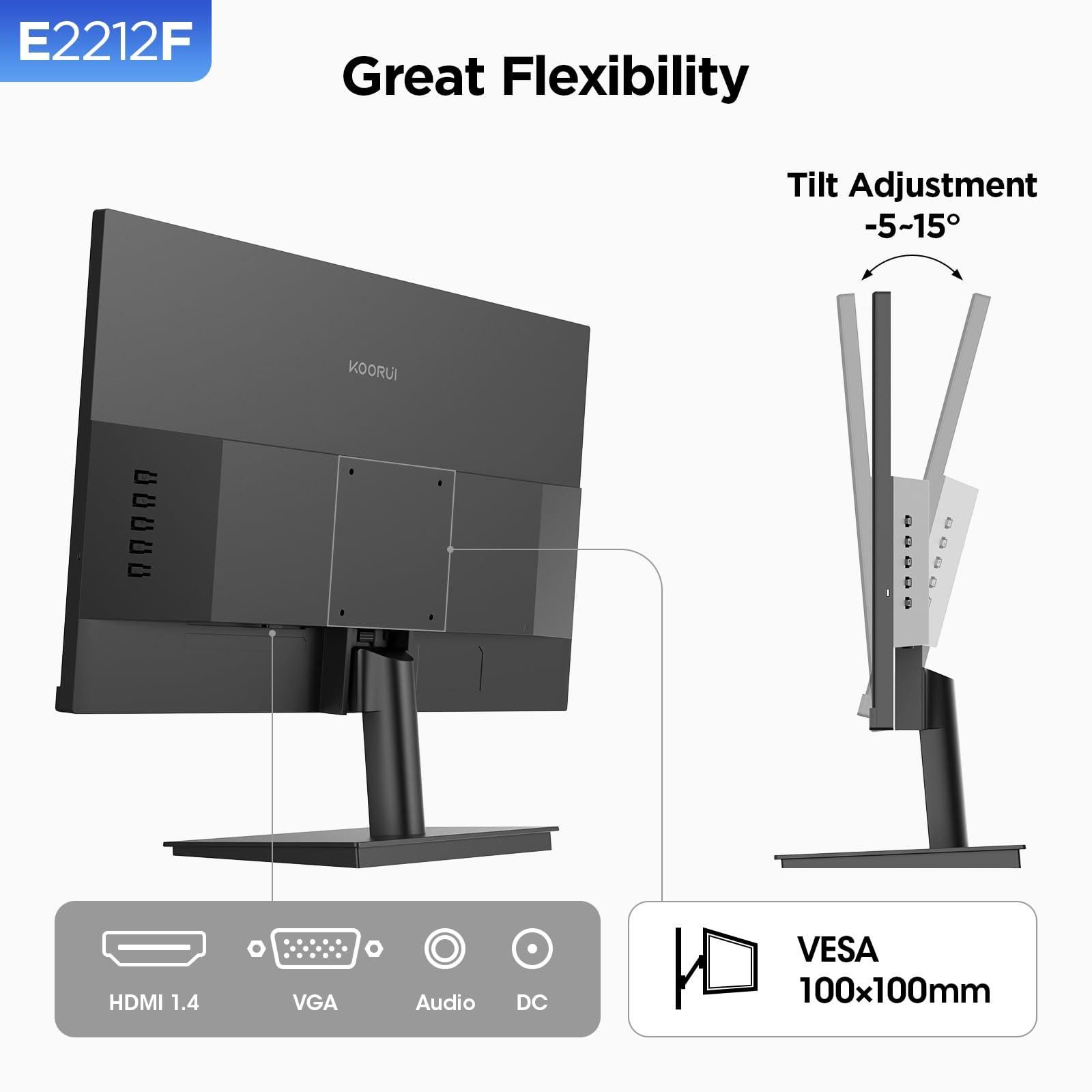 KOORUI KOORUI 22 Inch Computer Monitor Full HD 1080P 100Hz PC Gaming Screen VA Panel Ultra-Slim Display 3000:1 Contrast Ratio with Adpitive Sync (HDMI/VGA/VESA Compatible 100x100mm/Audio Out), Tilt, Black