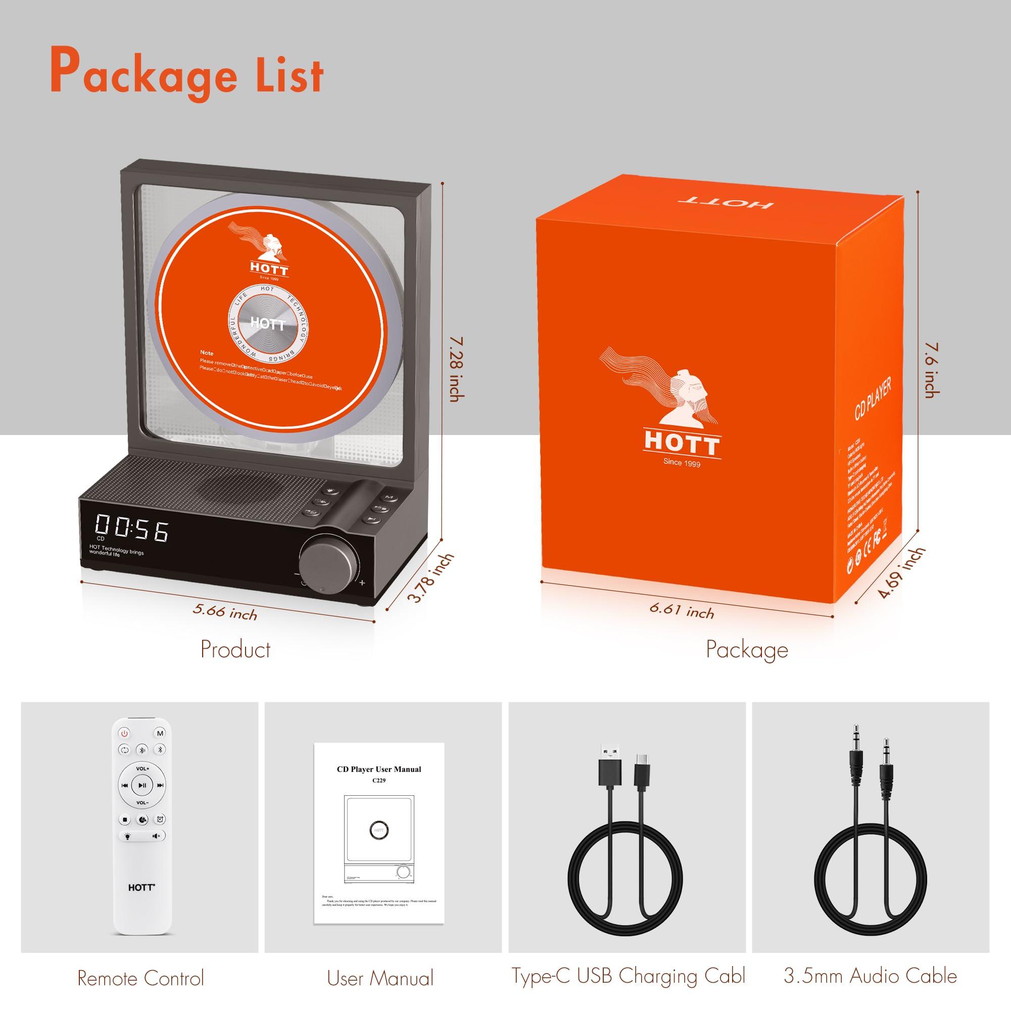 bodymaster HOTT CD Player Portable with RGB Lights Bluetooth 5.3 Desktop CD Player,Portable CD Player with HiFi Speakers, Supports TF Card, Transcription, LED Screen, Timer (Grey)