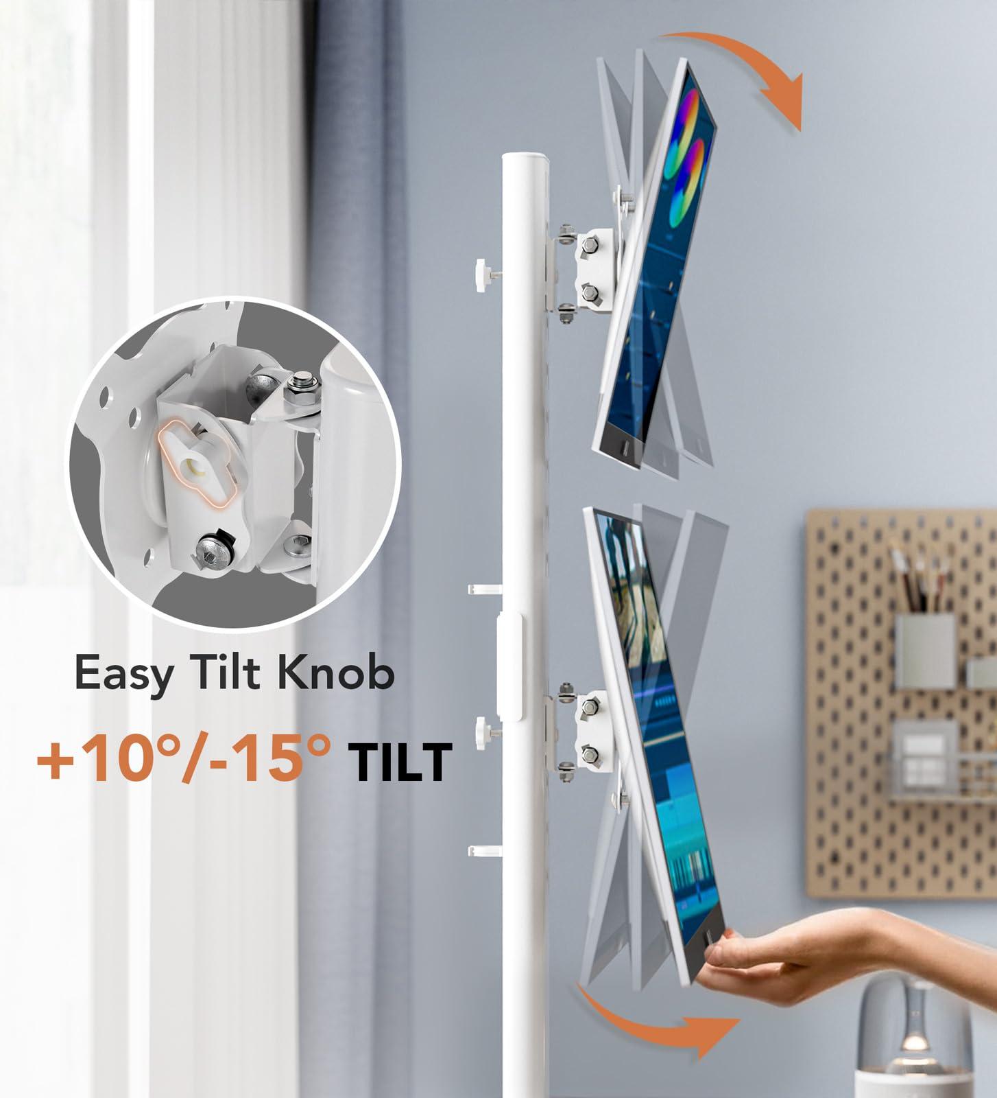 Hemudu Dual Monitor Stand - Vertical Stack Screen Free-Standing Monitor Riser Fits Two 13 to 34 Inch Screen with Swivel, Tilt, Height Adjustable, Holds One (1) Screen up to 44Lbs HT05W-002 White