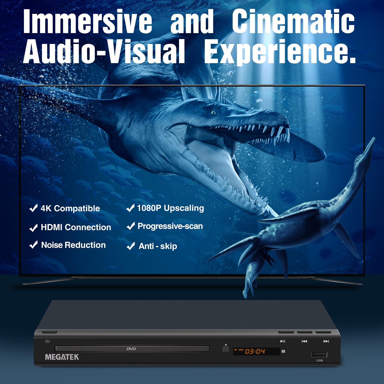 MEGATEK MEGATEK Region-Free DVD Player for TV with HDMI, CD Player for Home, Plays All Regions and Formats, USB Port, Durable Metal Casing, Remote, HDMI and RCA Cables Included