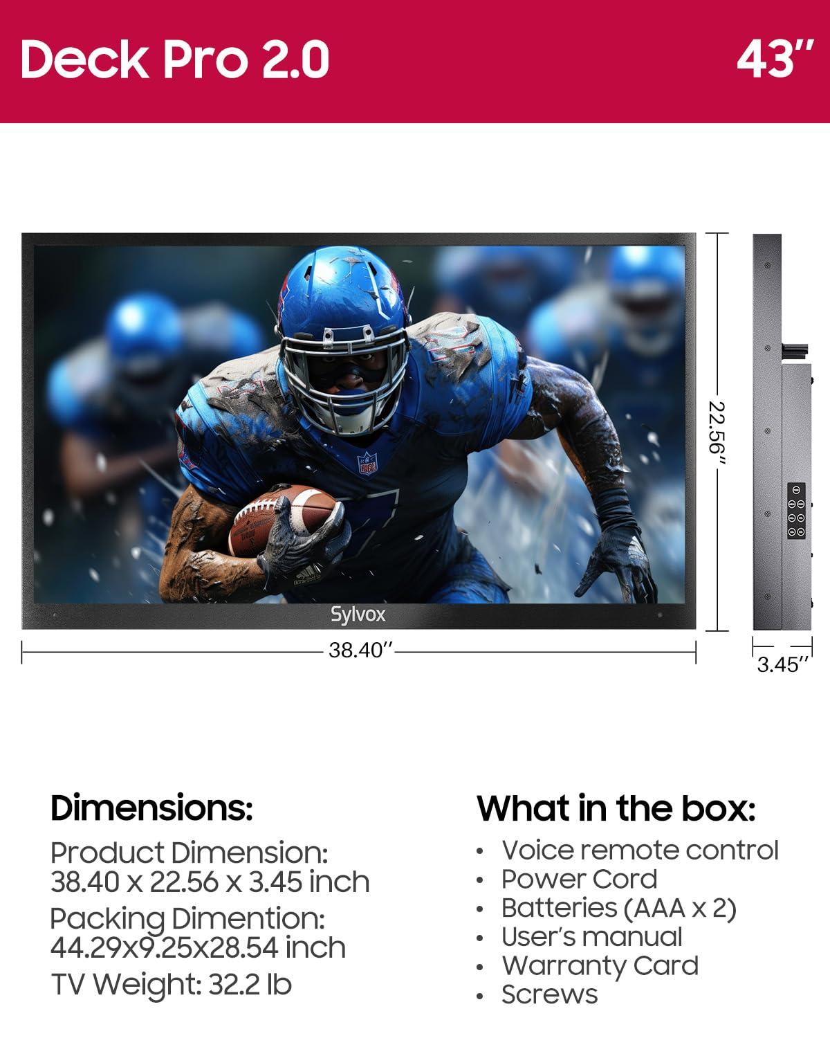 SYLVOX SYLVOX 43 inch Outdoor TV with Wall Mount, 4K, HDR 10, Weatherproof,1000nits, Voice Assistant Remote, for Partial Sun Area(Deck Pro 2.0, Latest Model)