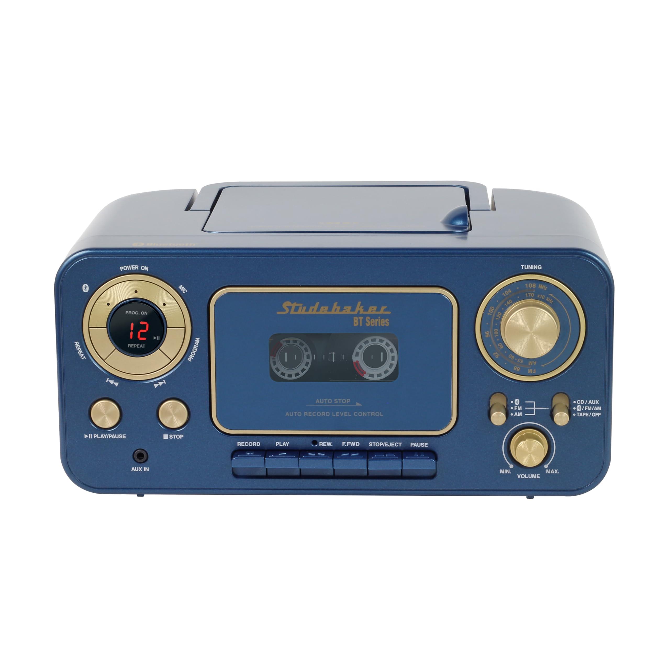Studebaker Portable Stereo CD Player with Bluetooth, AM/FM Stereo Radio and Cassette Player/Recorder (Blue)