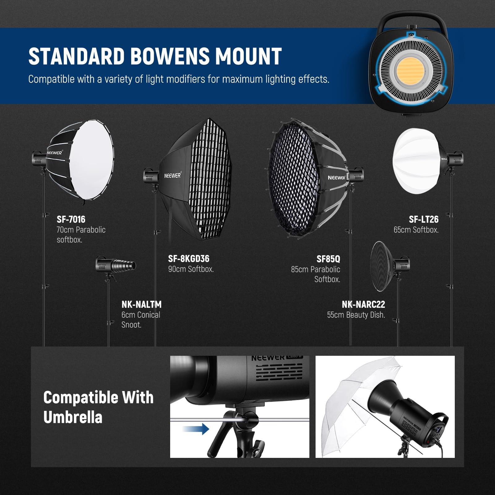 Neewer NEEWER CB60B 70W LED Video Light with 2.4G&APP Control, COB Bi Color 2700K-6500K 34000Lux at 1m/CCT Mode/CRI97+/12 Scenes/Bowens Mount Continuous Output Lighting for Studio Photograpny/Video Recording