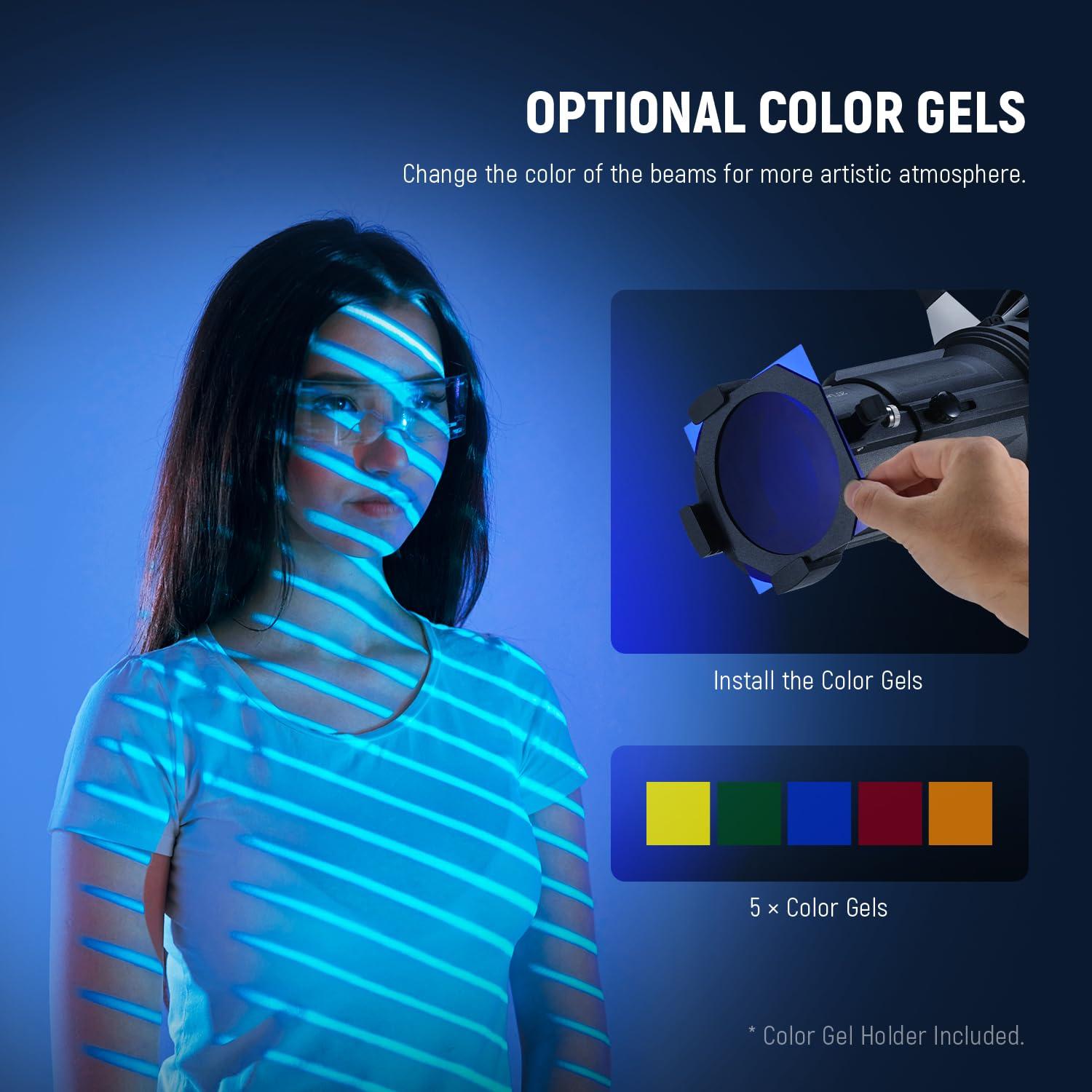 NEEWER NEEWER Spotlight Snoot with 20 Projection Lens, Adjustable Focus, 16 Metal Gobos 5 Color Gels, Bag, Conical Snoot for Bowens Mount LED Continuous Output Lighting Studio Video Light Up to 300W, LS-39