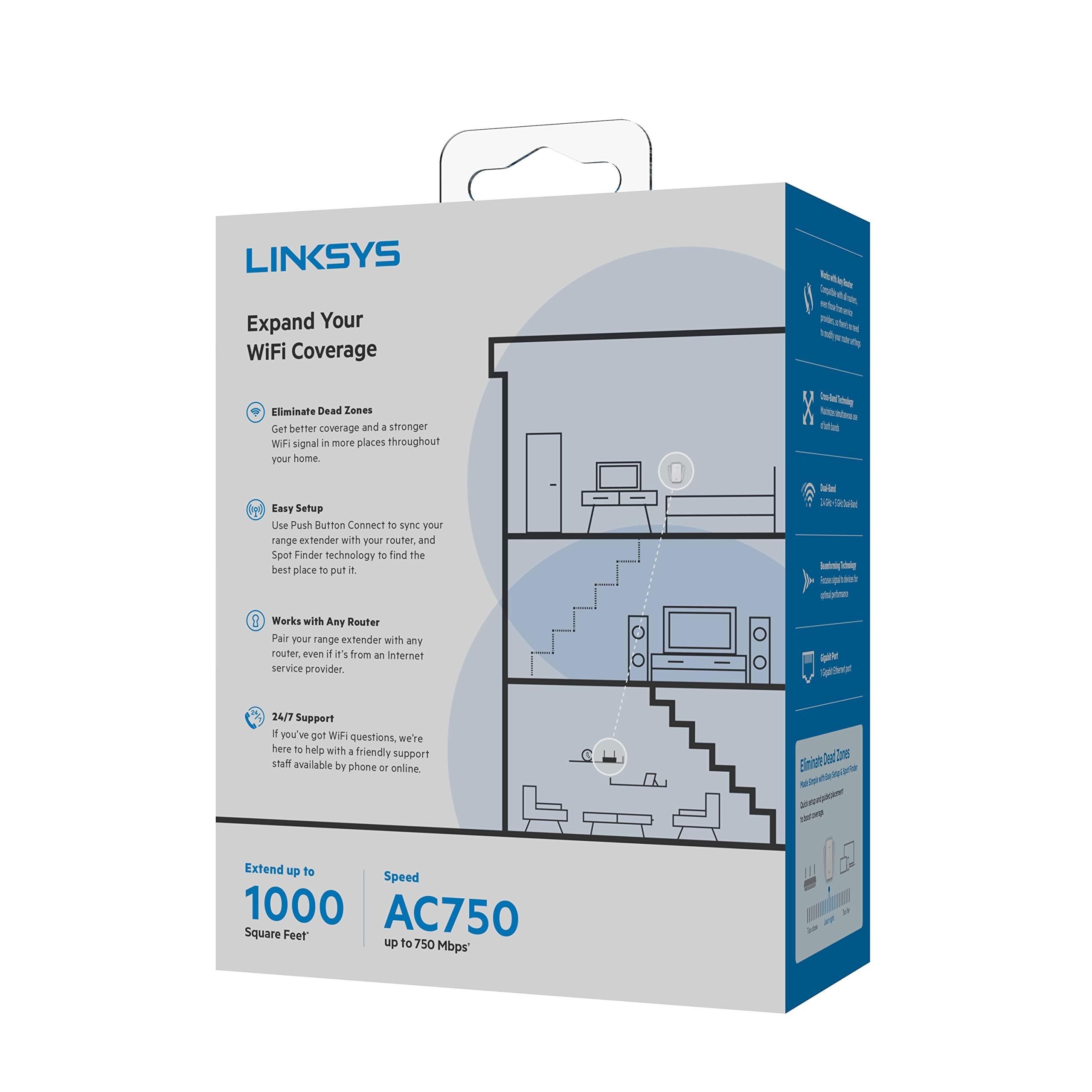 Linksys Linksys WiFi Extender, WiFi 5 Range Booster, Dual-Band Booster, 1,000 Sq. ft Coverage, Speeds up to (AC750) 750Mbps - RE6300