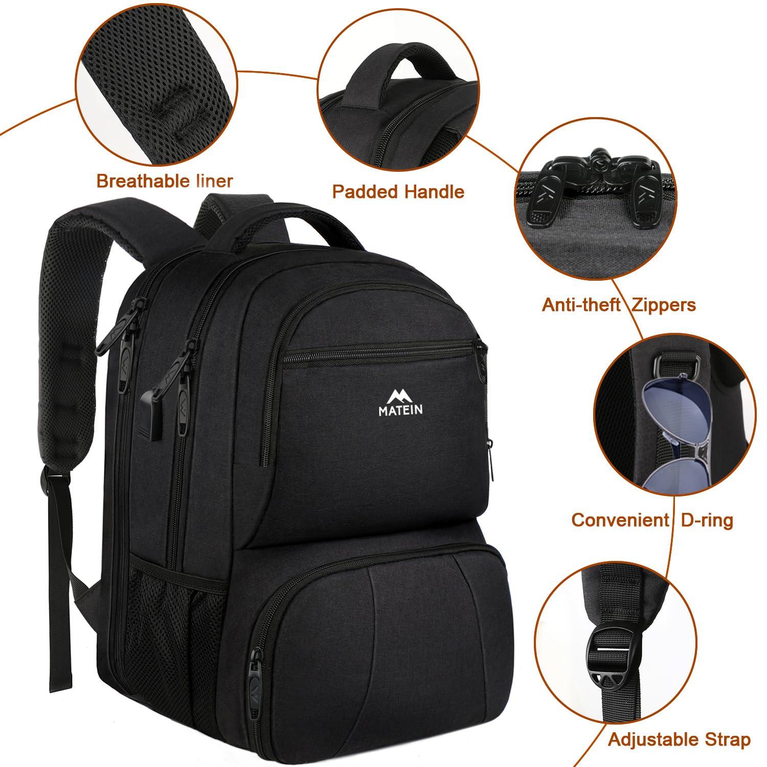 MATEIN MATEIN Lunch Backpack for Men, 18 Inch Large Insulated Backpack Cooler with USB Charging Port, Water Resistant Laptop Back pack with Lunch Box Bag for Work Travel Business College Picnic, Black