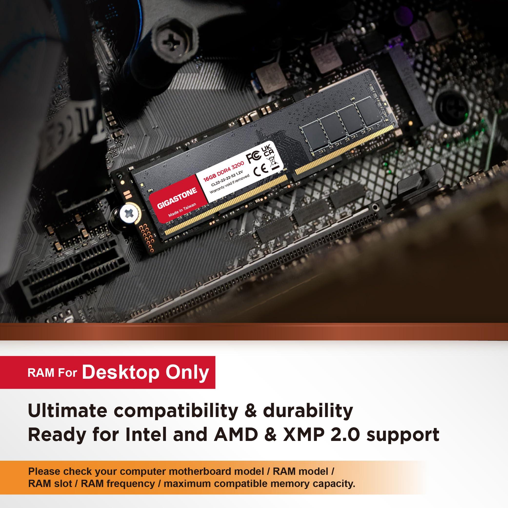 Gigastone DDR4 RAM GIGASTONE 64GB Kit (4x16GB) DDR4 3200MHz (2933MHz or 2666MHz) PC4-25600 (PC4-23400, 21300) CL22 1.2V UDIMM 288 Pin Unbuffered Non ECC High Performance PC Desktop Memory Upgrade