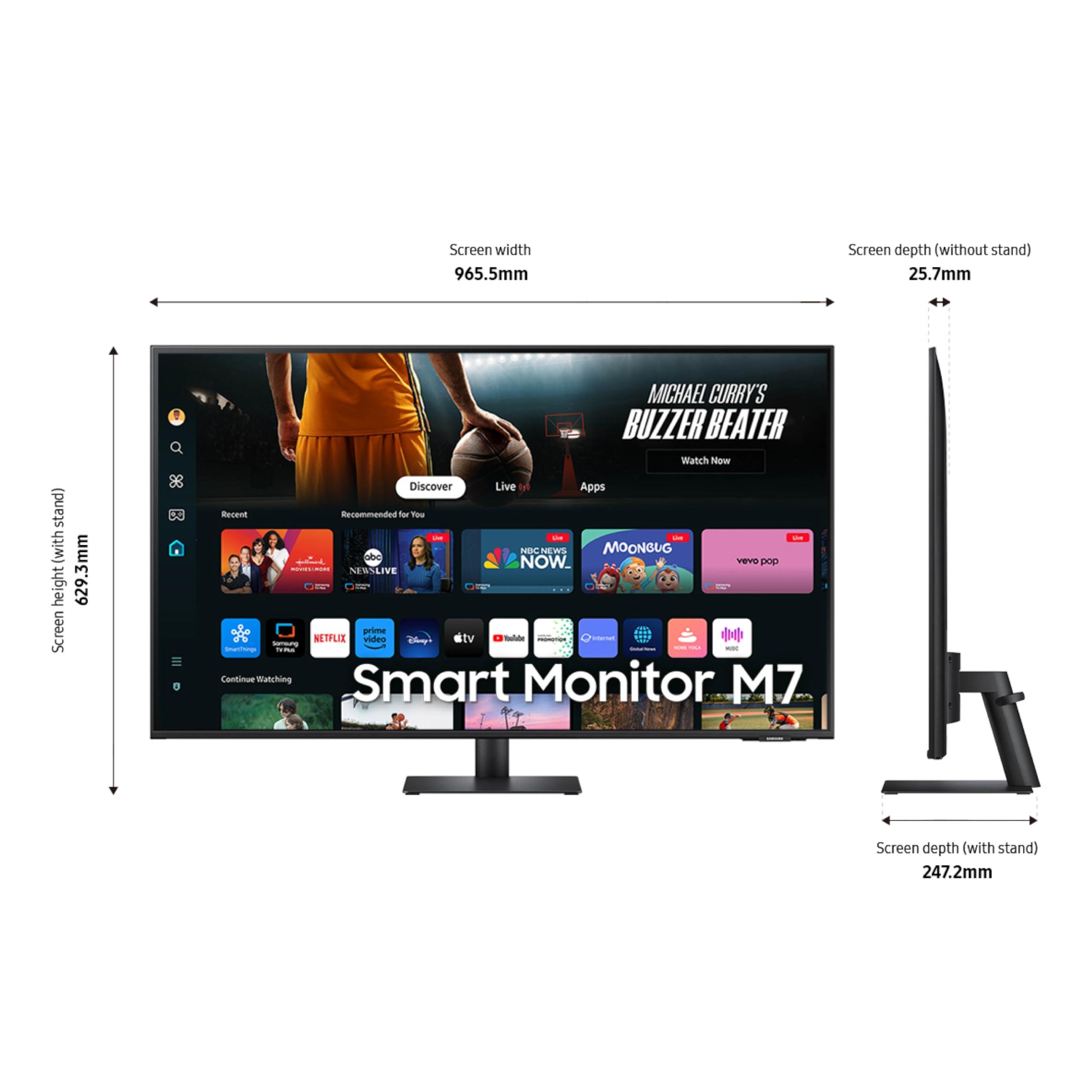 SAMSUNG SAMSUNG 43-Inch M7 (M70D) Series 4K UHD Smart Monitor, Speakers, HDR10, USB-C, Multiple Ports, Gaming Hub, SolarCell Remote, Vision Accessibility Tools, LS43DM702UNXGO, 2024, Black