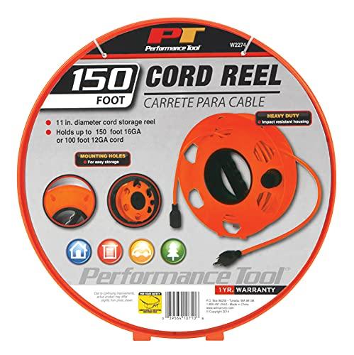 Performance Tool Performance Tool W2274 Heavy Duty 11-inch Cord Reel for Holding Extension Cords, Orange, 150-ft Capacity