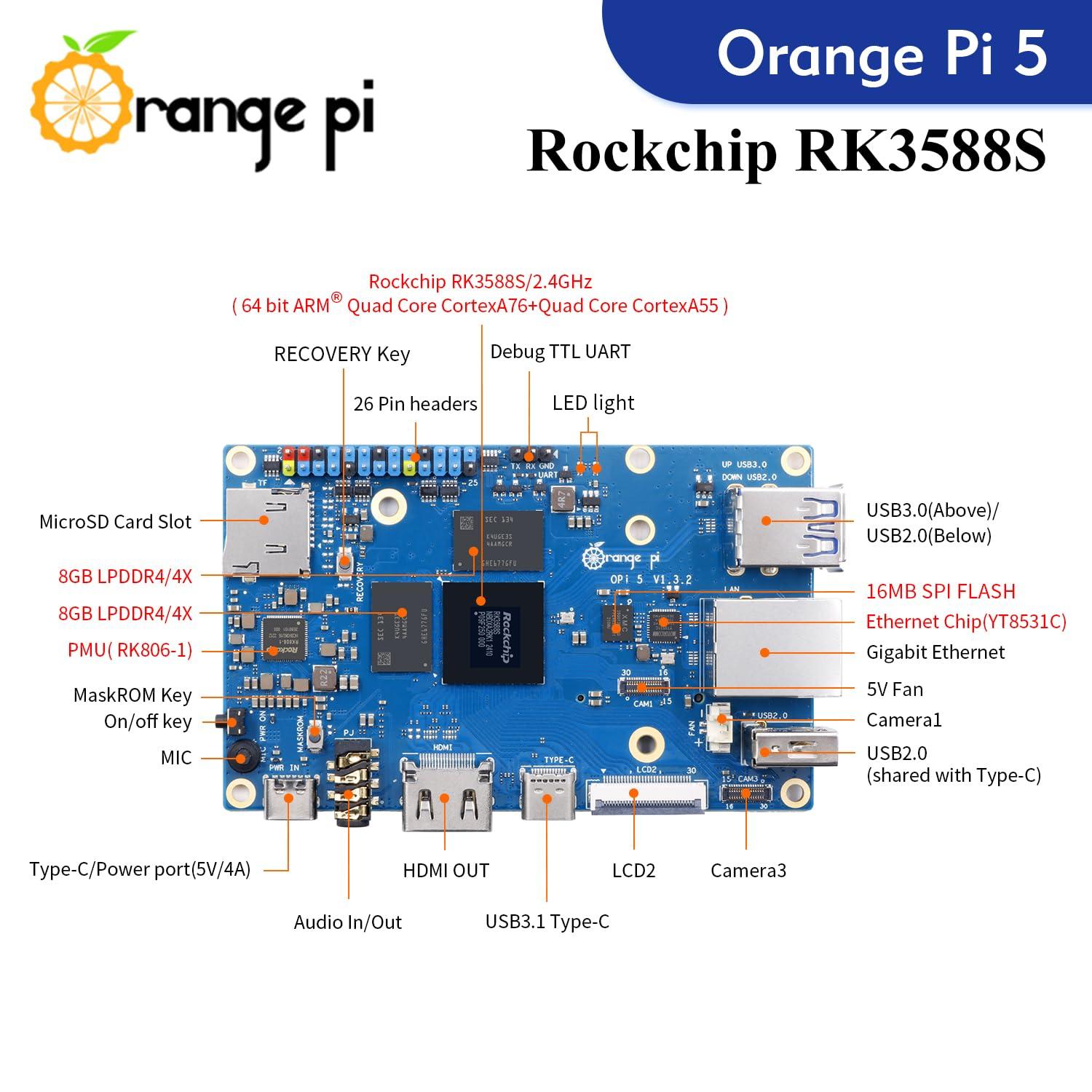 Orange Pi Orange Pi 5 16GB LPDDR4/4X Rockchip RK3588S 8-Core 64 Bit Single Board Computer, Development Board Run Orange Pi/Linux/Ubuntu/Debian/Android OS (16GB)
