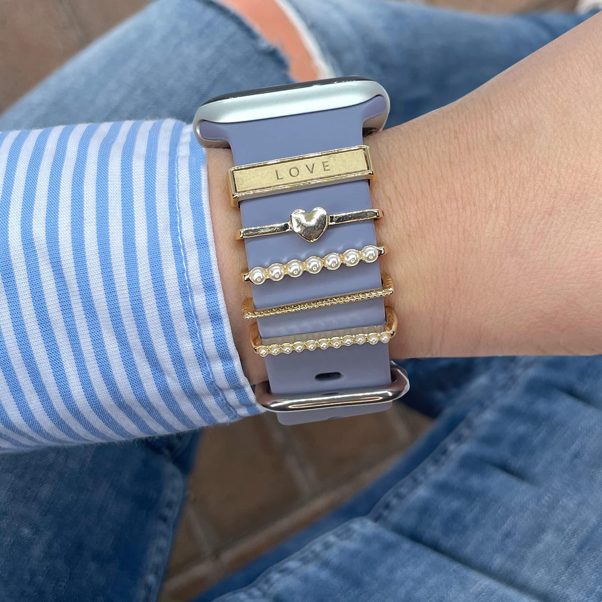 DirectNine Basics Personalized Charmed Bands Compatible with Apple Watch 38mm 40mm 41mm 42mm 44mm 45mm Cusom Monogram Laser Engraved Silicone Strap Charms (42/44/45mm M/L, Charms Love, Lavender Grey)