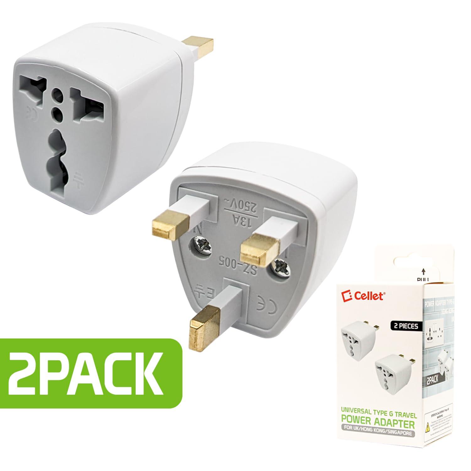 Cellet Cellet Universal Travel Adapter: Seamless Plug Conversion for International Travelers AC Wall Power Adapter to Convert China, UK, AU, EU & Other Plugs to US Plug (2PACK) (Type-G (UK HK))