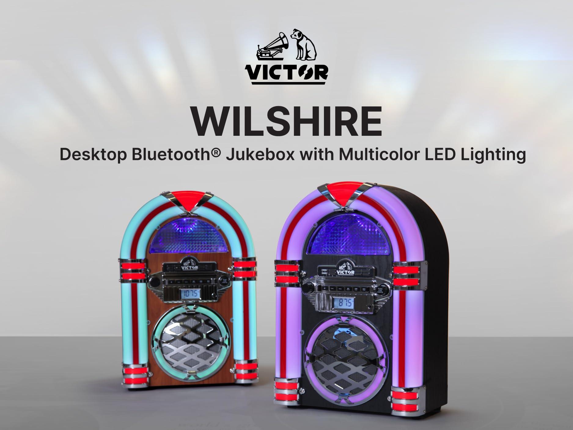 VICTOR VICTOR Wilshire Desktop Bluetooth Jukebox with FM Radio, Built-in Stereo Speaker and Multicolor LED Lighting, Mahogany (VDTJ-1450-MH)