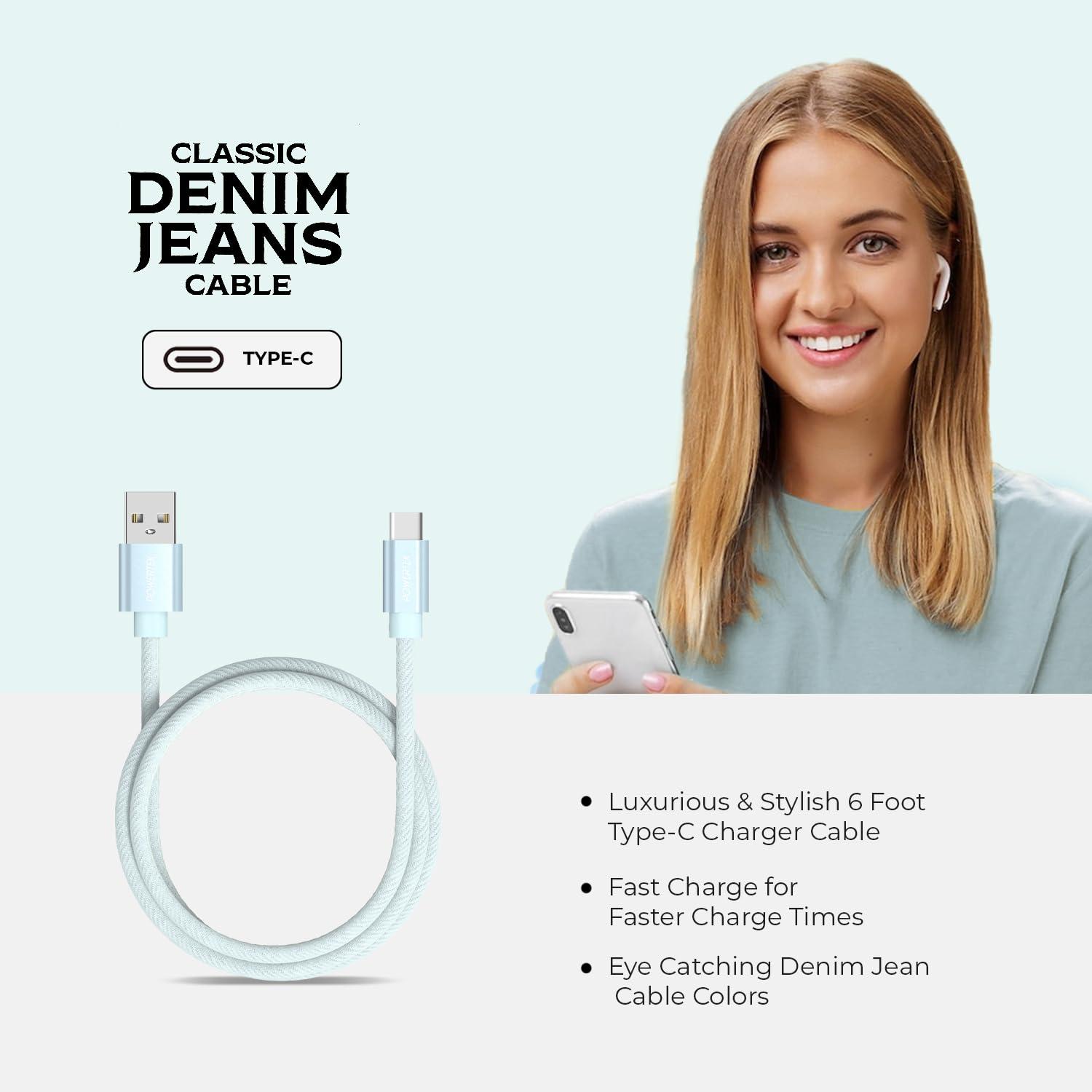 LIQUIPEL LIQUIPEL Powertek Type-C Fast Charger Cable, 6ft USB to Type-C for Galaxy, MacBook, and More, Denim (Light Blue)