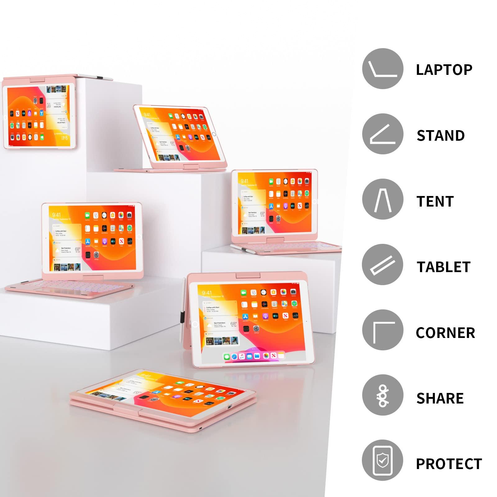 BABG BABG iPad 9th Generation Case with Keyboard,360 Rotatable,Touchpad,Backlit Keyboard with Pencil Holder for 10.2 inch iPad 9th Gen 2021/ 8th Gen 2020/7th Gen 2019 and iPad Air 3/Pro 10.5\"-Rose Gold