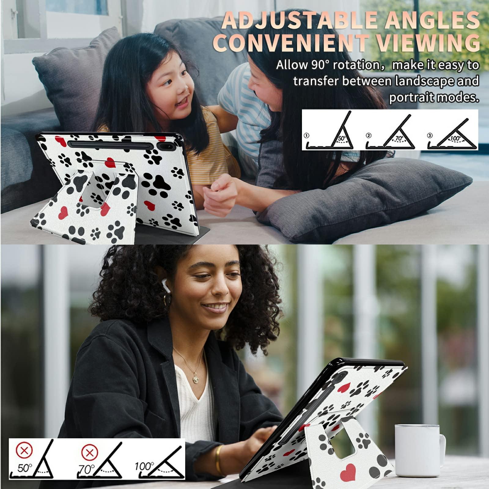 BWEGRHE Cute Dog Paw Prints Case for Samsung Galaxy Tab S8 Plus 2022/S7 FE 2021/S7 Plus 2020 12.4 Inch, 360 Degree Rotating Folding Stand Multiple Viewing Angles Case with Auto Sleep/Wake