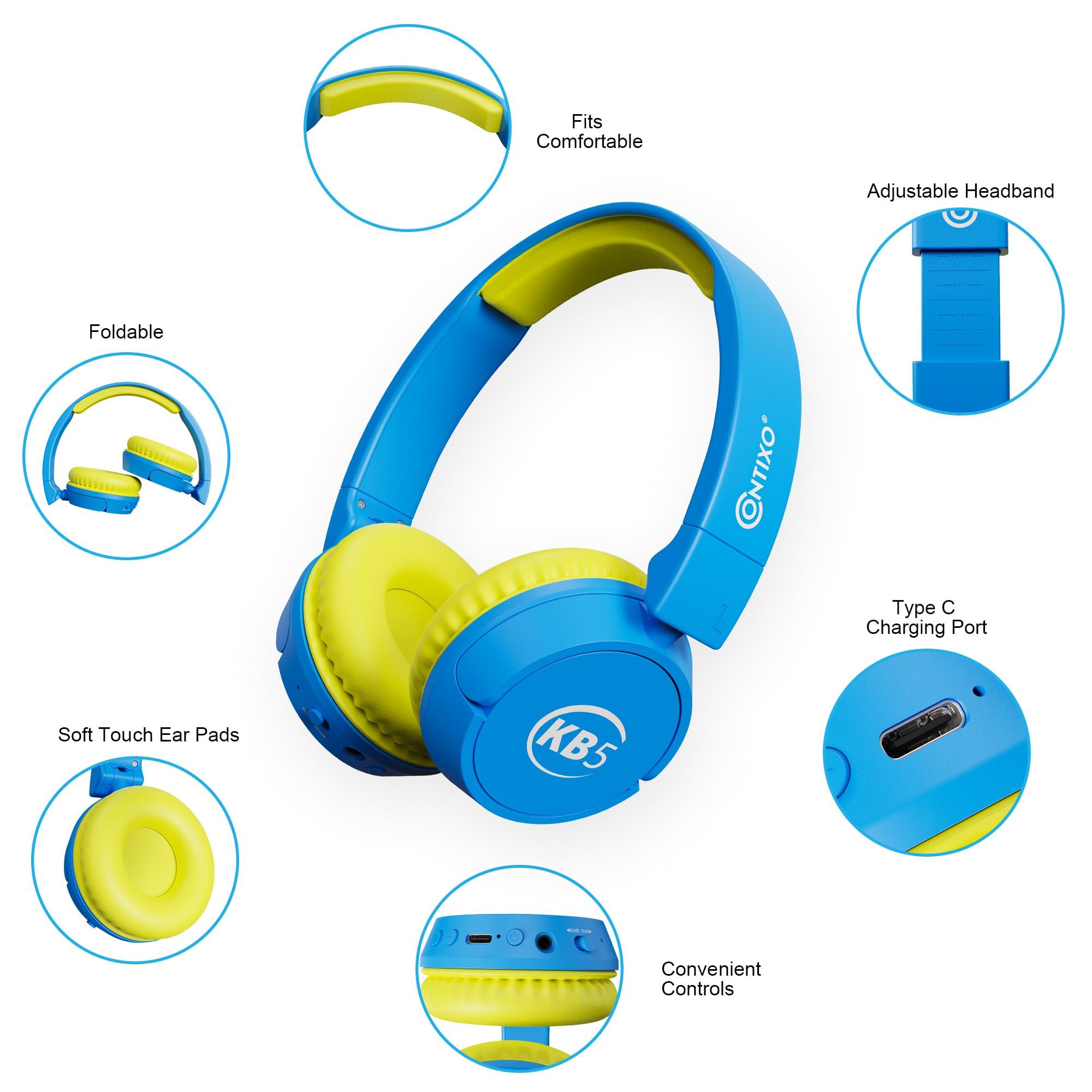 Contixo Contixo KB-5 Kids Headphones - Over The Ear Foldable Bluetooth Wireless Headphone for Kids - 85dB with Volume Limited - Toddler Headphones for Boys and Girls (Blue + Yellow)