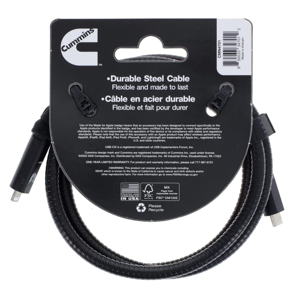 Cummins Cummins Steel Braided USB-C(R) Lightning(R) Charging Cord HD Steel Compatible with Apple(R) Devices 4ft CMN4701