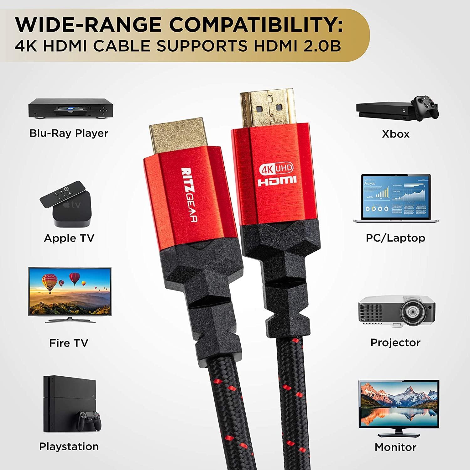 Ritz Gear Ritz Gear 4K HDMI 2.0 Cable 8 ft. [20 Pack] 18 Gbps Ultra High Speed Braided Nylon Cord & Gold Connectors - 4K@60Hz/UHD/3D/2160p/1080p/ARC & Ethernet. Compatible with UHD TV/Monitor/PC/PS5/Xbox