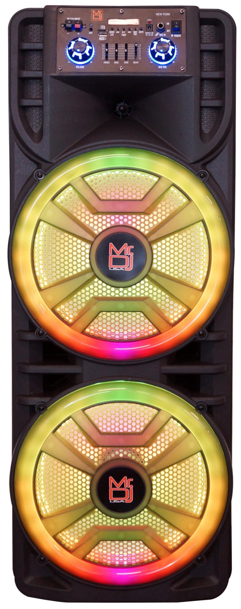 Mr. Dj MR DJ NEWYORK+ 12" X 2 Rechargeable Portable Bluetooth Karaoke Speaker with Party Flame Lights Microphone TWS USB FM Radio