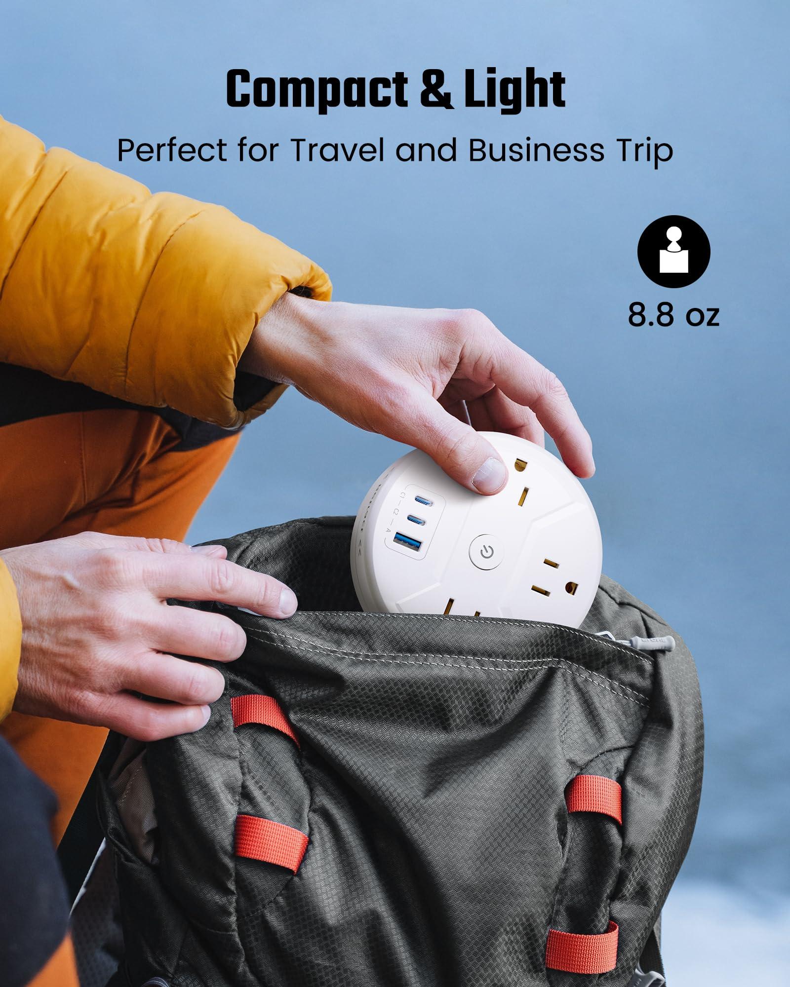 SUPERDANNY Power Strip, SUPERDANNY Surge Protector with 22 AC Outlets and 6 USB, 20W Fast Charging Station Travel Power Strip with 5ft Retractable Extension Cord Portable 3-AC & 3-USB, 5ft Power Strip