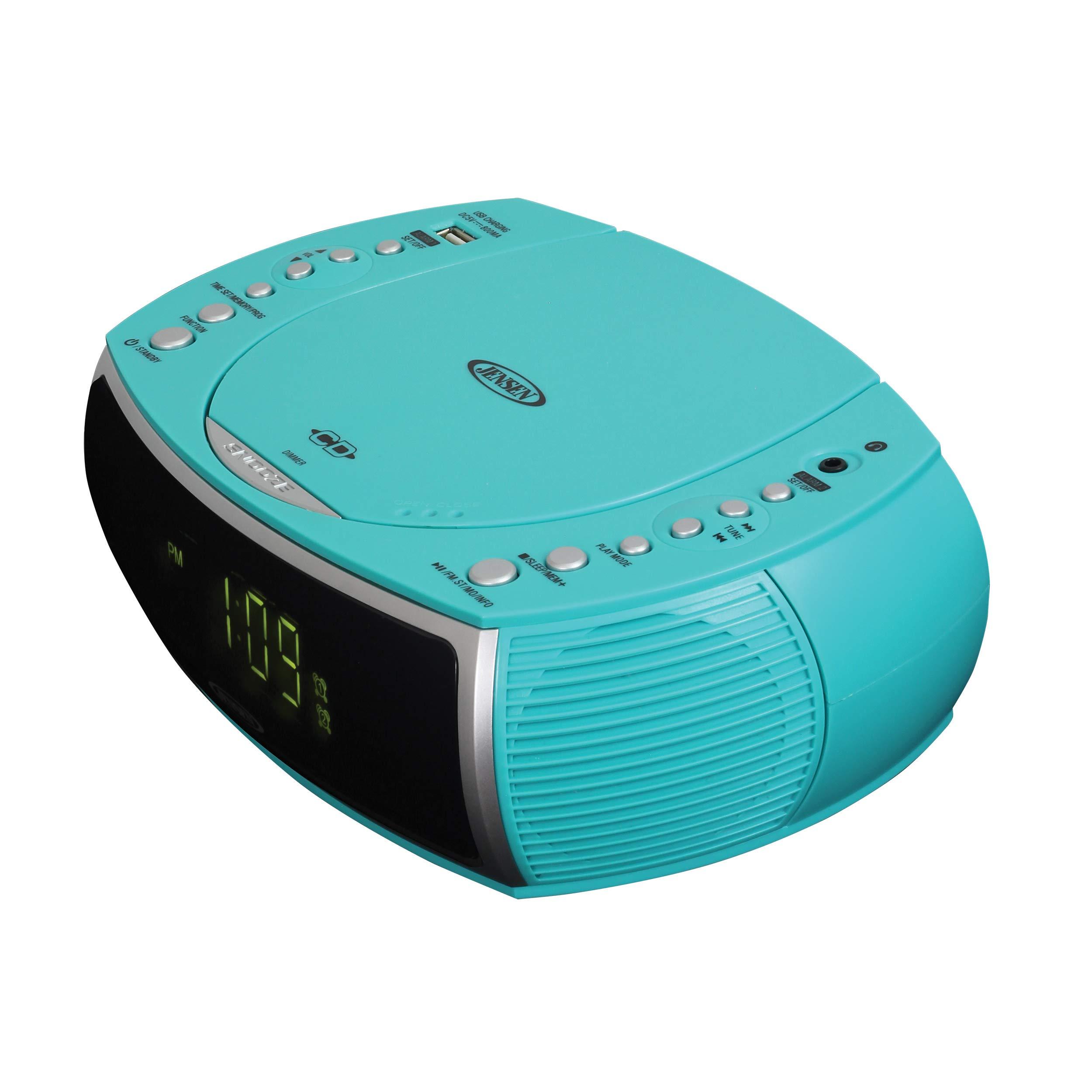 Jensen Jensen Teal Modern Home Audio CD Player Tabletop Stereo Dual Alarm Clock Digital FM Radio | Top-Loading CD/MP3/WMA Player | USB Charging Port 2.1A | Headphone Jack | 0.9 Display Green LED (Renewed)