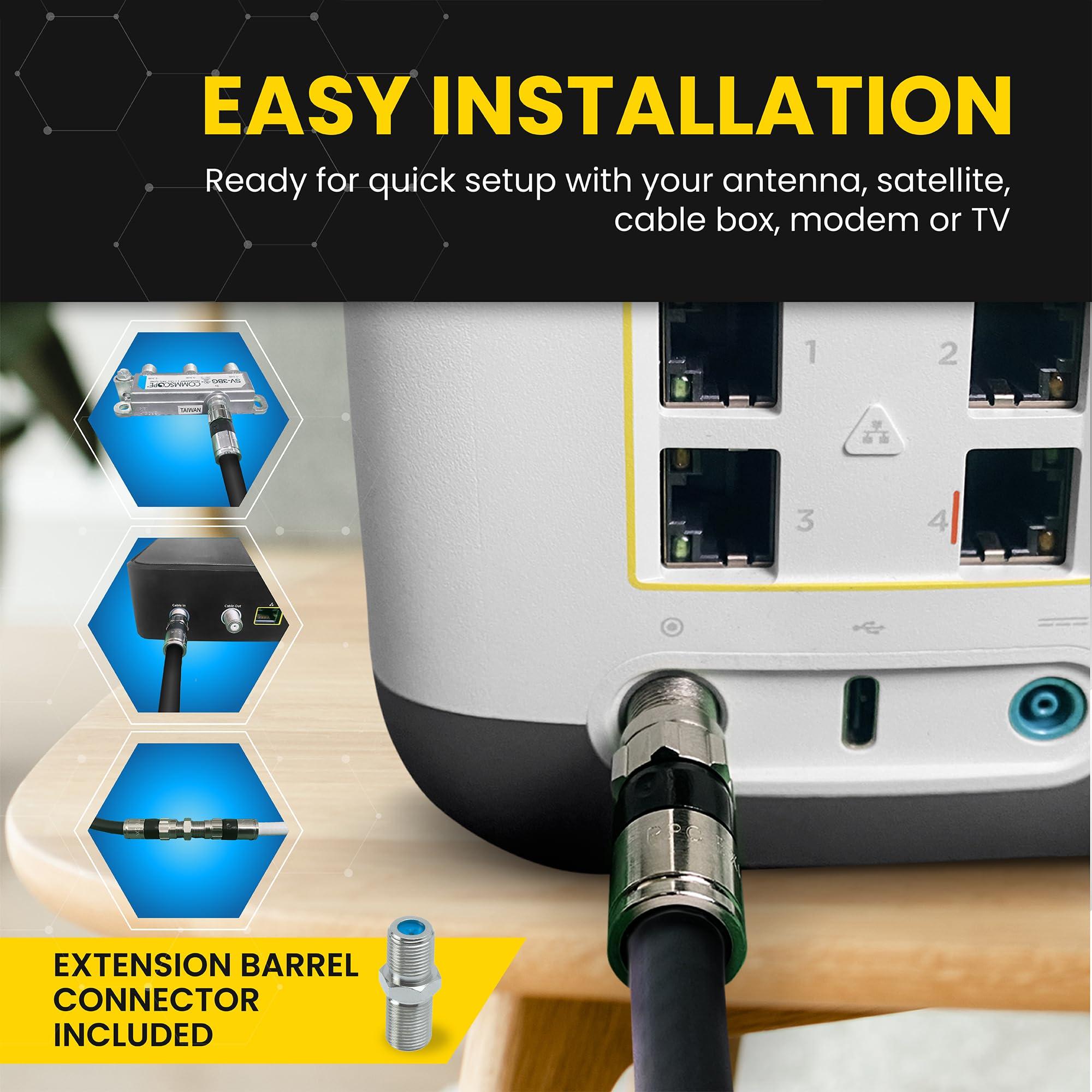 Cable Communications RG6 Coaxial Cable with F Connectors, High Speed Internet and TV Cord for HD TV, Xfinity, Satellite, Antenna, Cable Extension, WiFi Modem Cable (Black, 30ft)