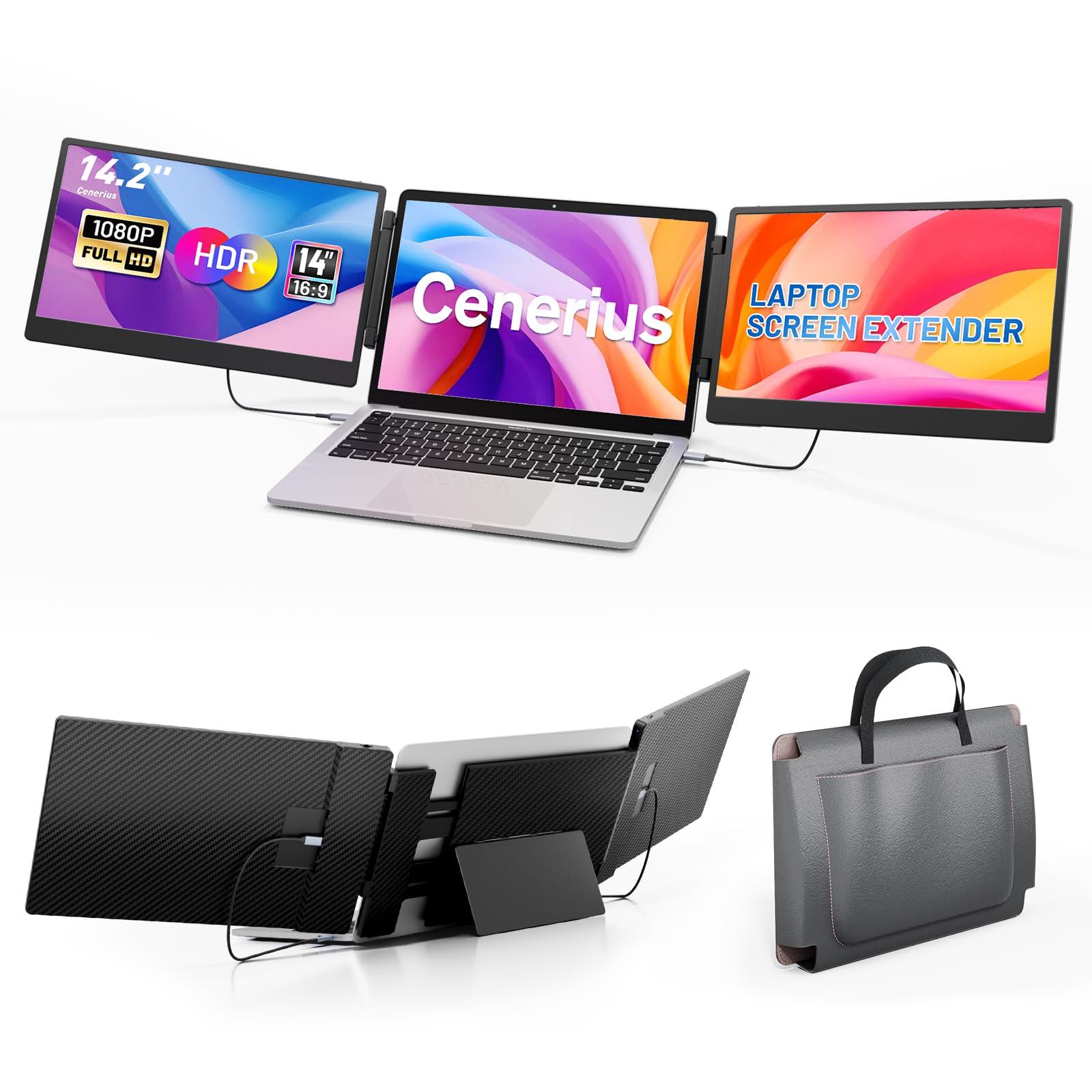 Cenerius Cenerius 14.2" Laptop Screen Extender, FHD 1080P IPS Portable Monitor for Laptop, Triple Screen Monitor Extender Compatible with 13"-17" Laptops, HDMI/USB-A/C Plug-Play for Windows, Mac, Android